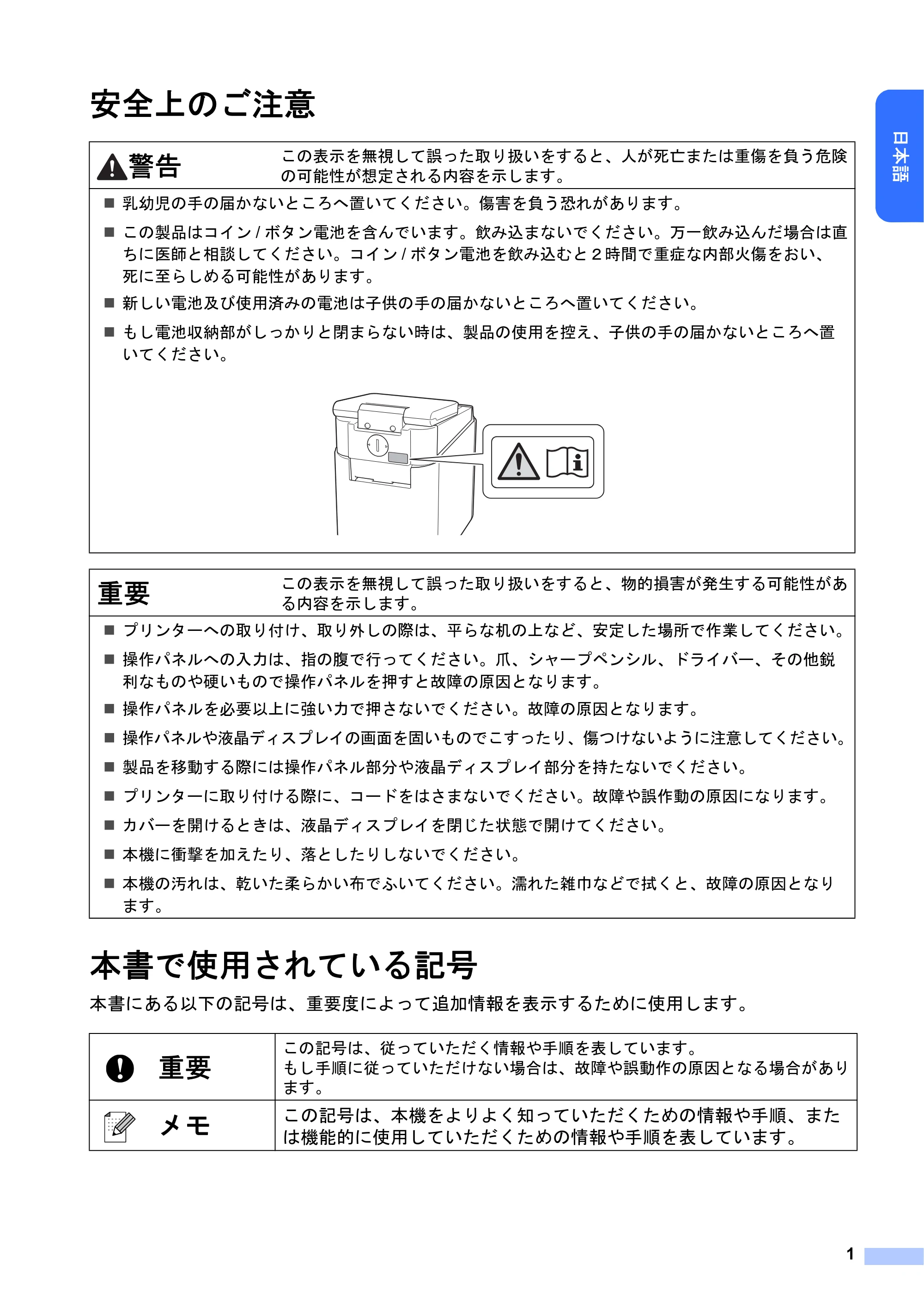 ブラザー PT-P950NW かんたん設置ガイド（操作パネル＆液晶ディスプレイユニット） — 安全上のご注意 — 原本ページ — 2ページ
