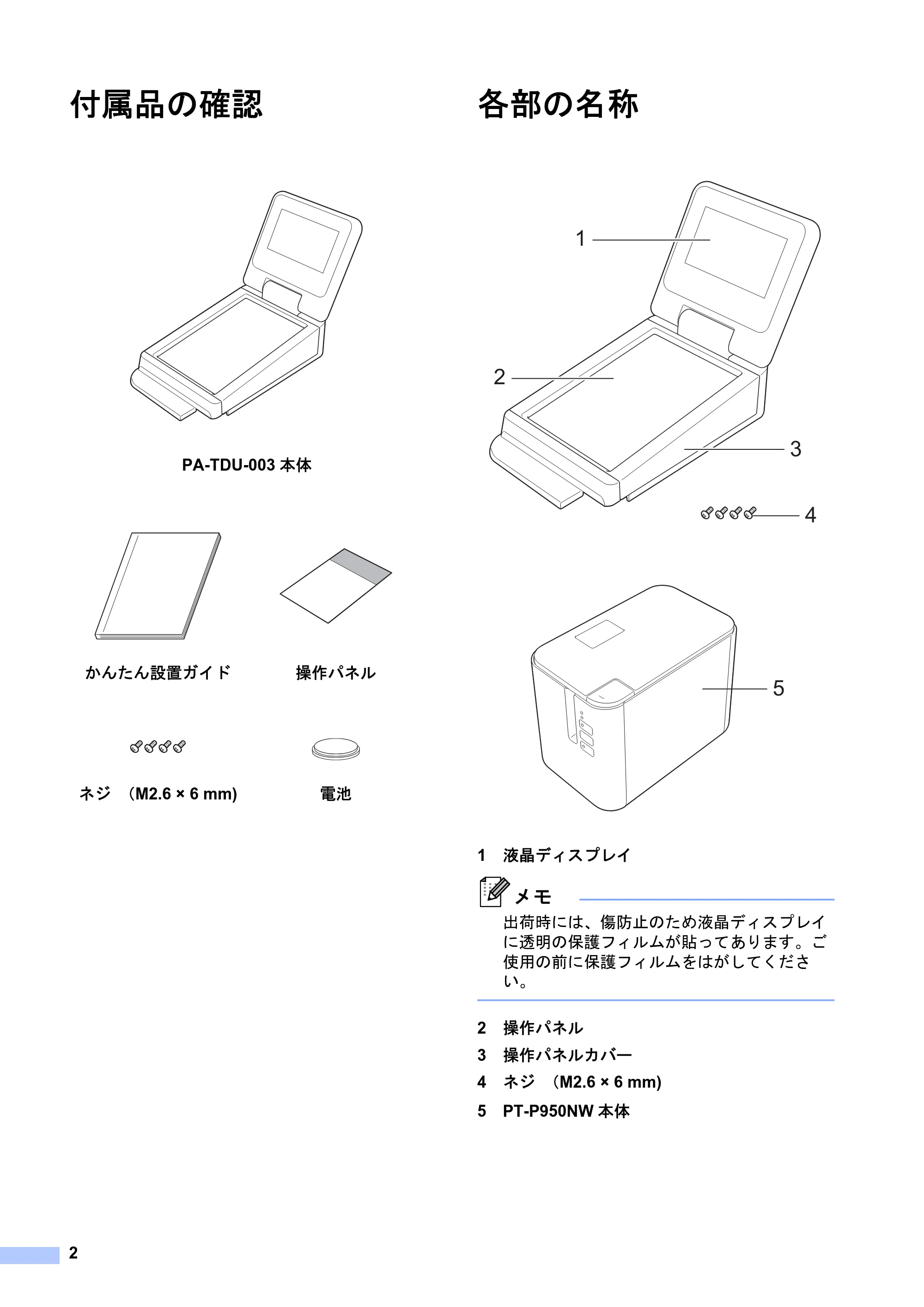 ブラザー PT-P950NW かんたん設置ガイド（操作パネル＆液晶ディスプレイユニット） — 付属品の確認 — 原本ページ — 3ページ