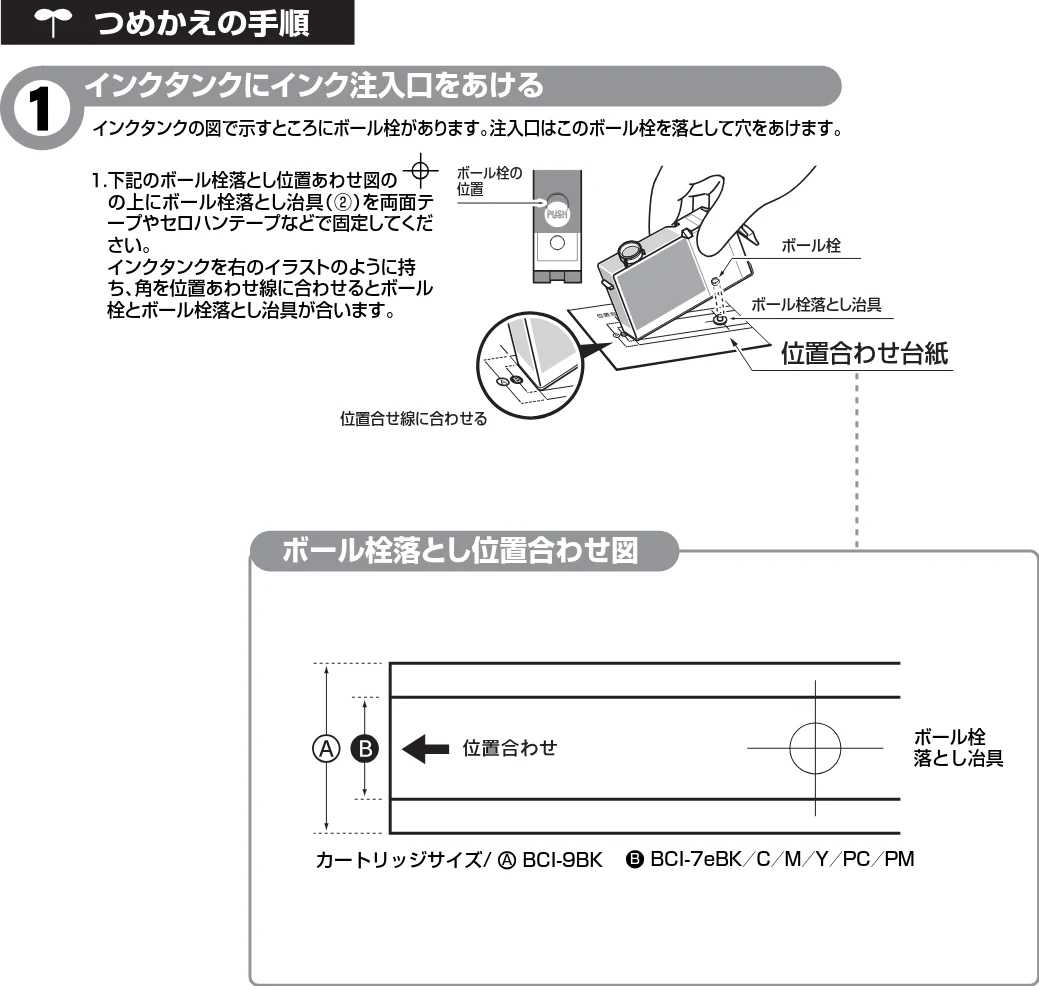 サンワサプライ 302-CA7BINK / 302-CA9BINK 取扱説明書 — ボール栓落とし位置合わせ台紙 — 図版 1-1 — 1ページ