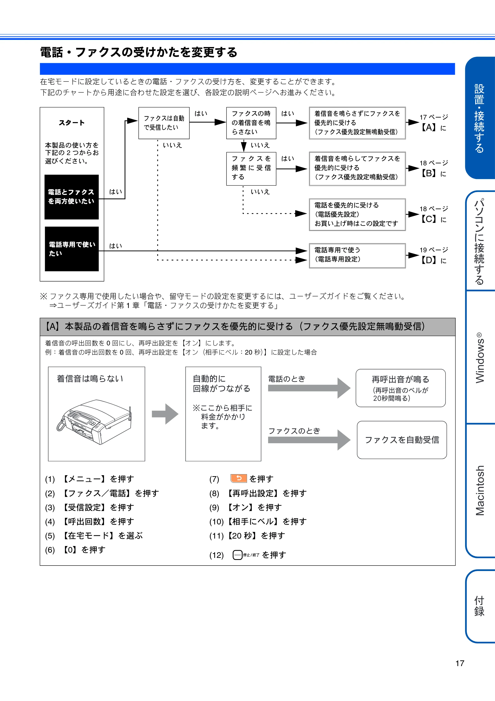 ブラザー MFC-670CD / MFC-670CDW かんたん設置ガイド — 電話・ファクスの受けかたを変更する — 原本ページ — 19ページ