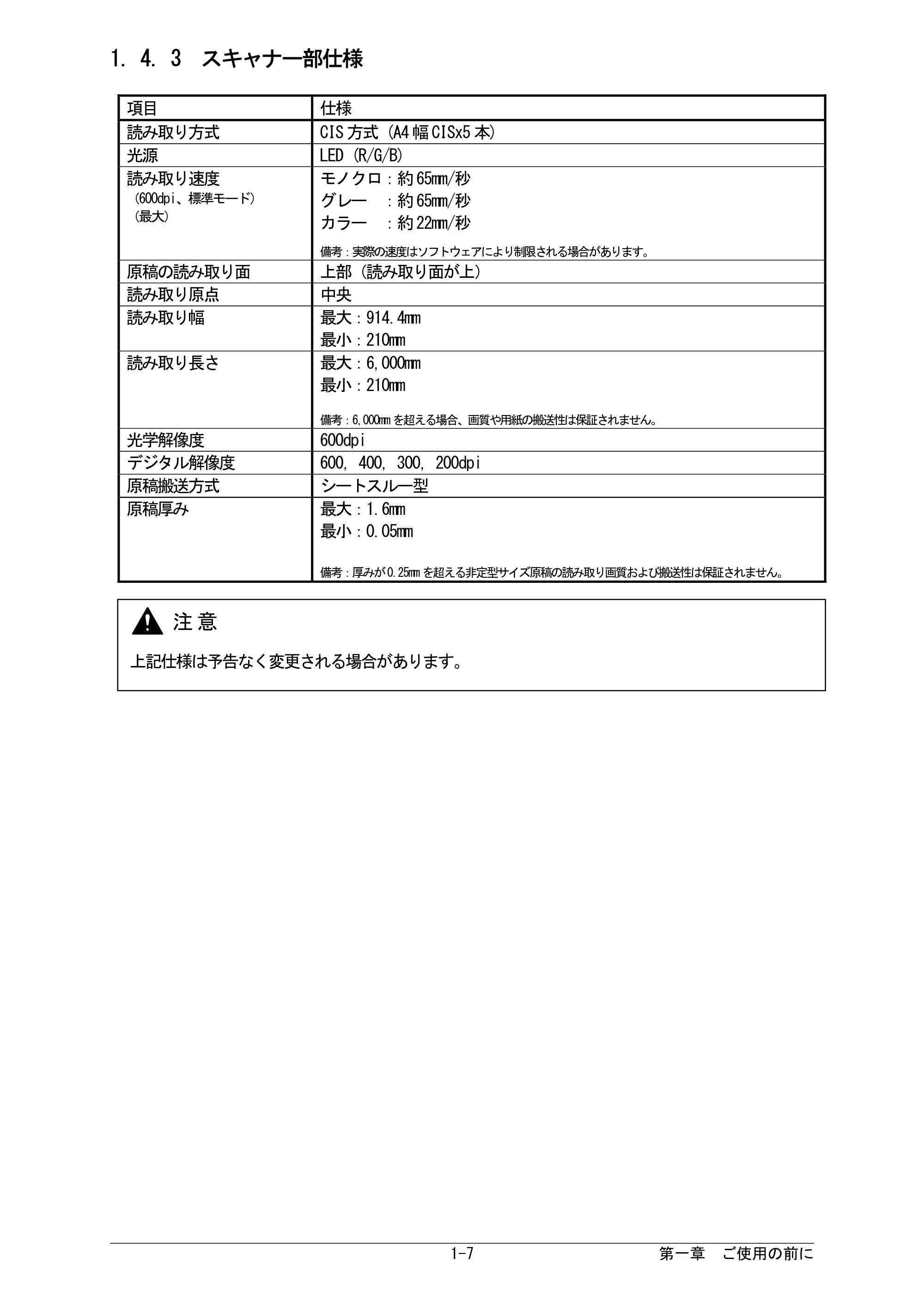 京セラ KIP 7170G KIP 7170G取扱説明書 — 1. 4. 3 スキャナ部仕様 — 原本ページ — 13ページ