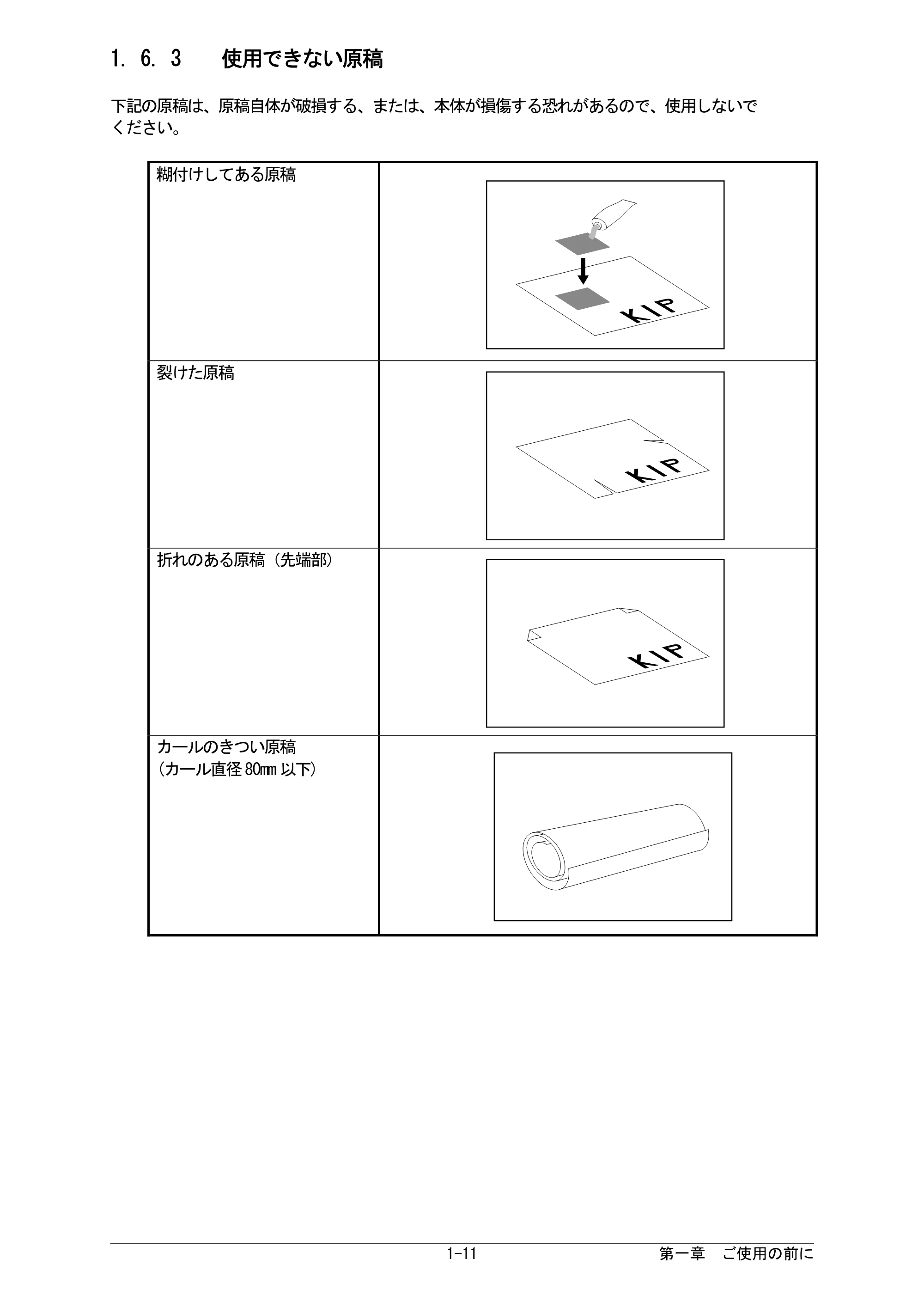 京セラ KIP 7170G KIP 7170G取扱説明書 — 1. 6. 3 使用できない原稿 — 原本ページ — 17ページ
