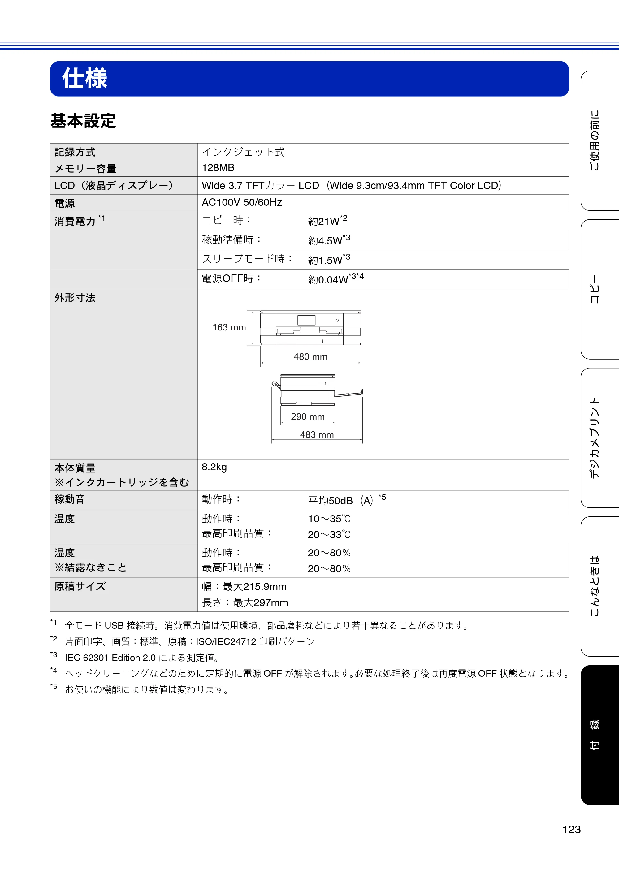 ブラザー DCP-J4210N ユーザーズガイド ～基本編～ — 仕様 — 原本ページ — 125ページ