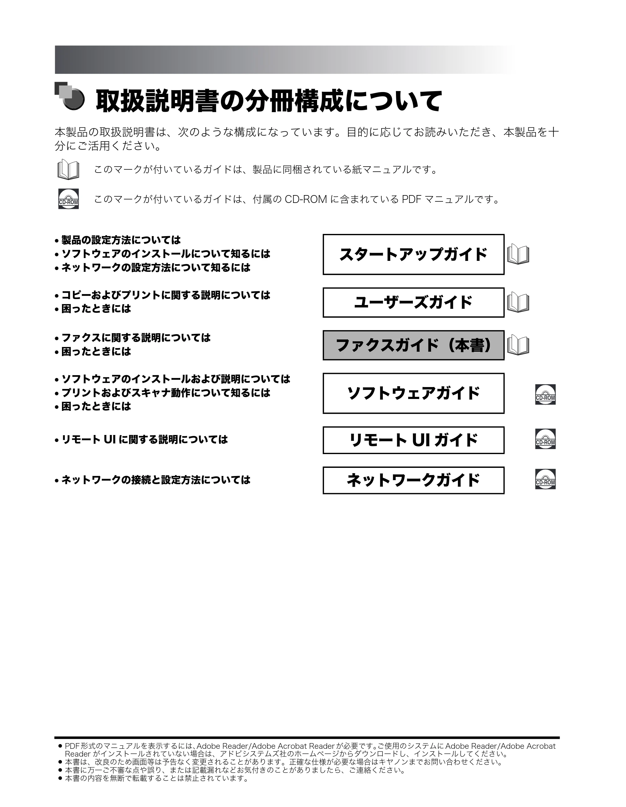 キヤノン MF8180 ファクスガイド （PDF形式／3.23Mバイト） — 取扱説明書の分冊構成について — 原本ページ — 2ページ
