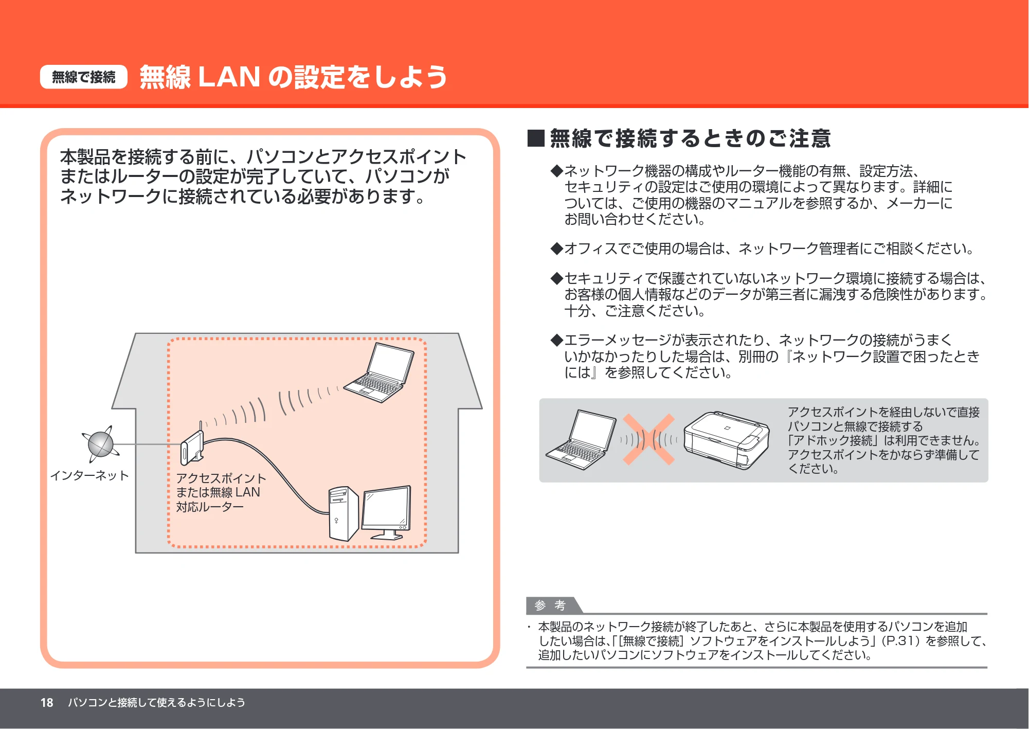 キヤノン PIXUS MP560 かんたんスタートガイド （PDF形式／8.39Mバイト） — 無線LAN の設定をしよう — 原本ページ — 20ページ