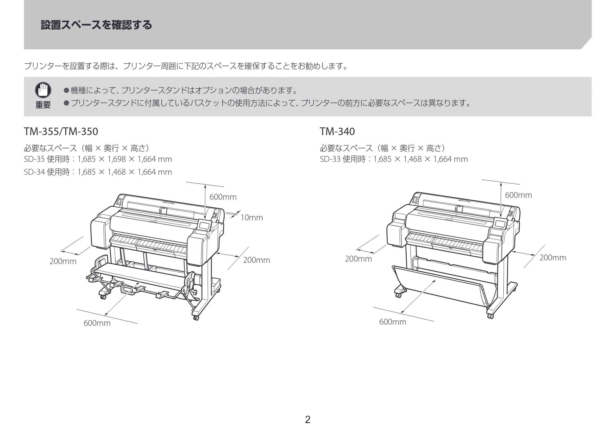 キヤノン TM-240・250・255・340・350・355 セットアップガイド 2023年10月3日掲載（PDF：2.65MB） — 設置スペースを確認する — 原本ページ — 2ページ