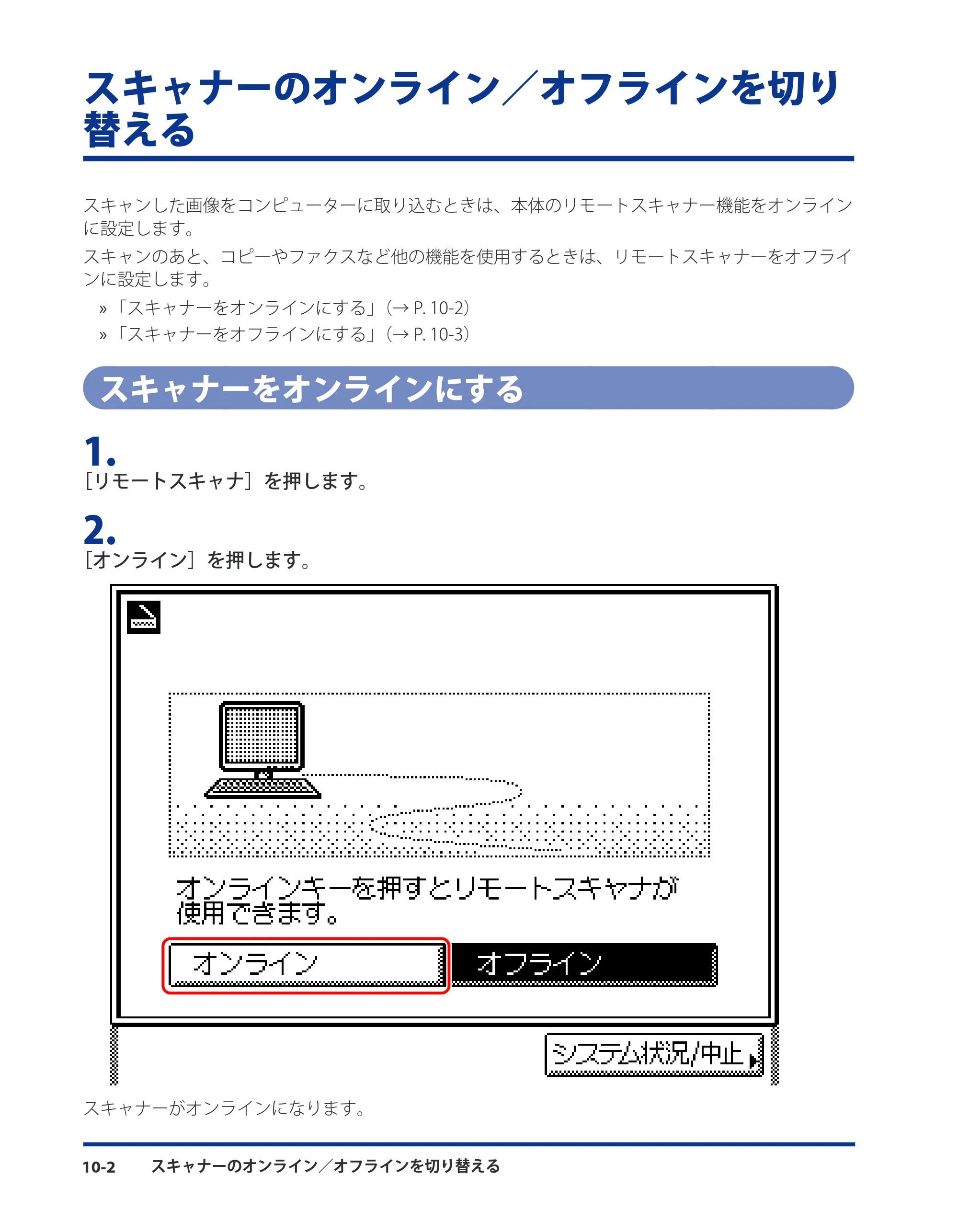 キヤノン CARPS2 プリンターガイド ドライバーソフトウエアガイド 2016年1月28日掲載（PDF：5.25MB） — スキャナーのオンライン／オフラインを切り替える — 原本ページ — 120ページ