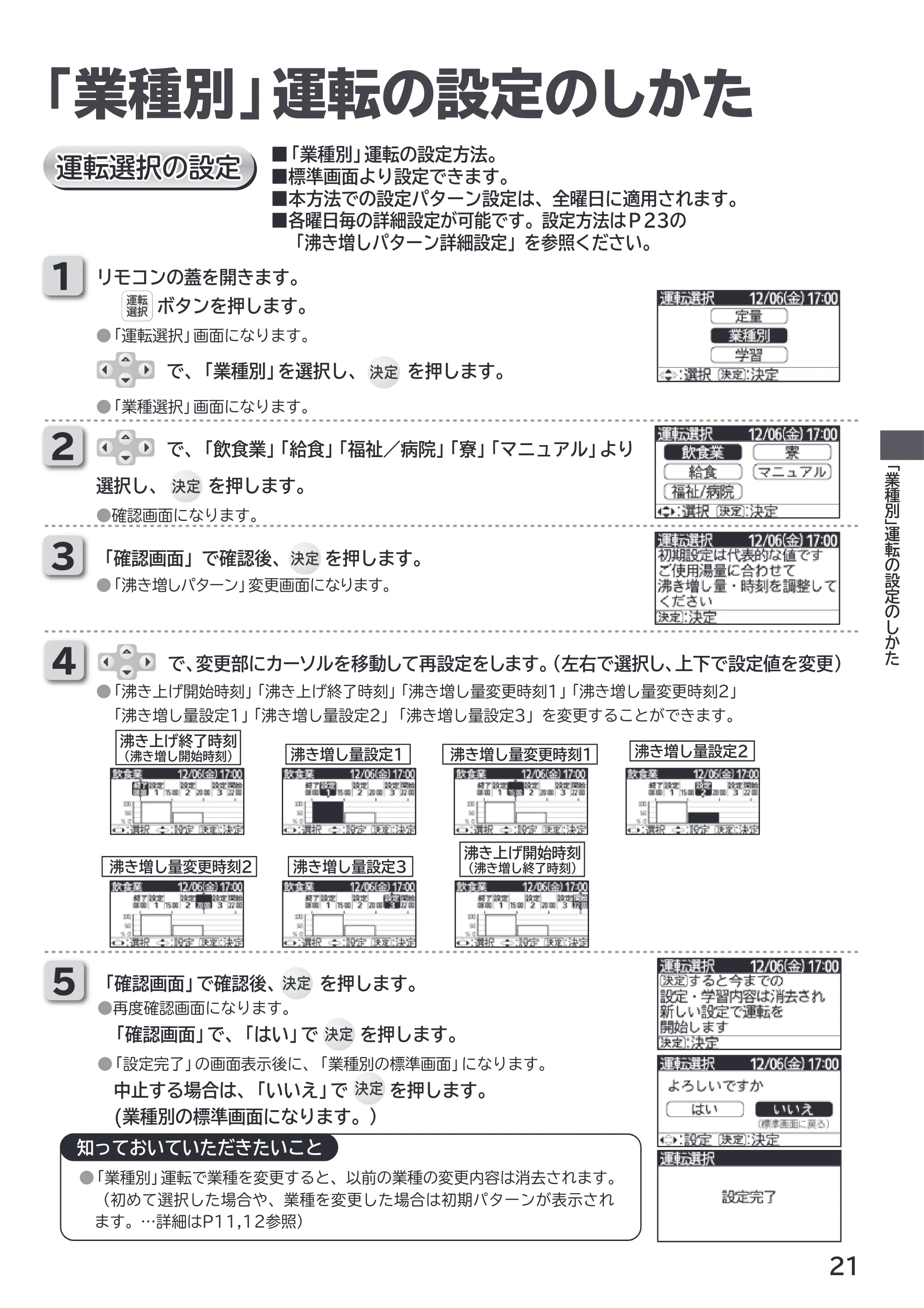 日立 RHK-1501EDS / RHK-1501EDKS 取扱説明書 — 「業種別」運転の設定のしかた — 原本ページ — 21ページ