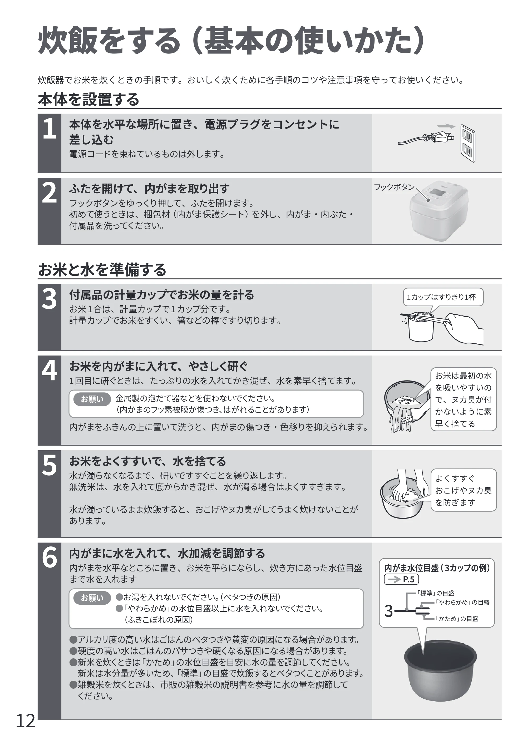 日立 RZ-Z100JM 取扱説明書 — 炊飯をする(基本の使いかた) — 原本ページ — 12ページ