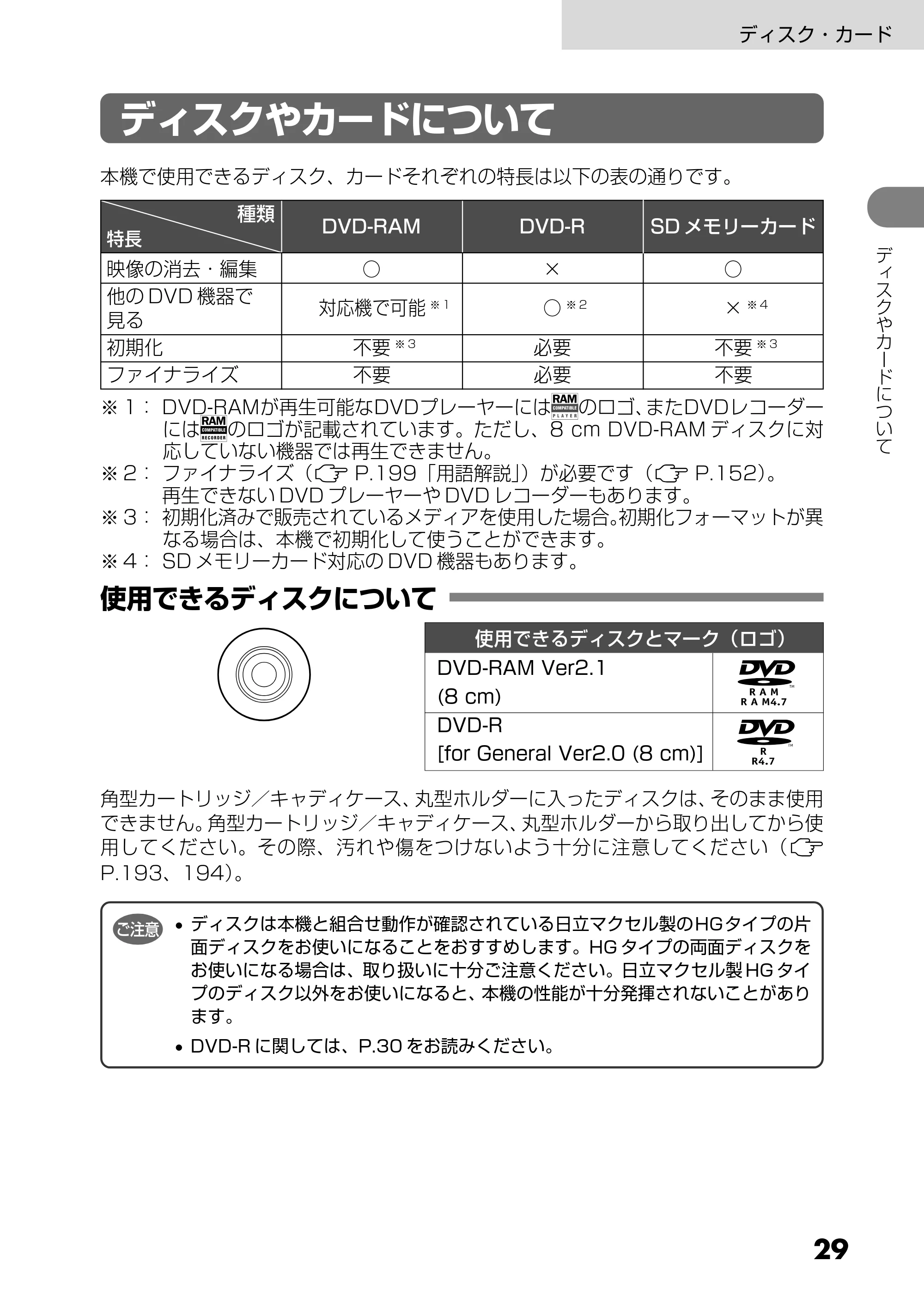 日立 DZ-MV730 取扱説明書 — ディスクやカードについて — 原本ページ — 29ページ
