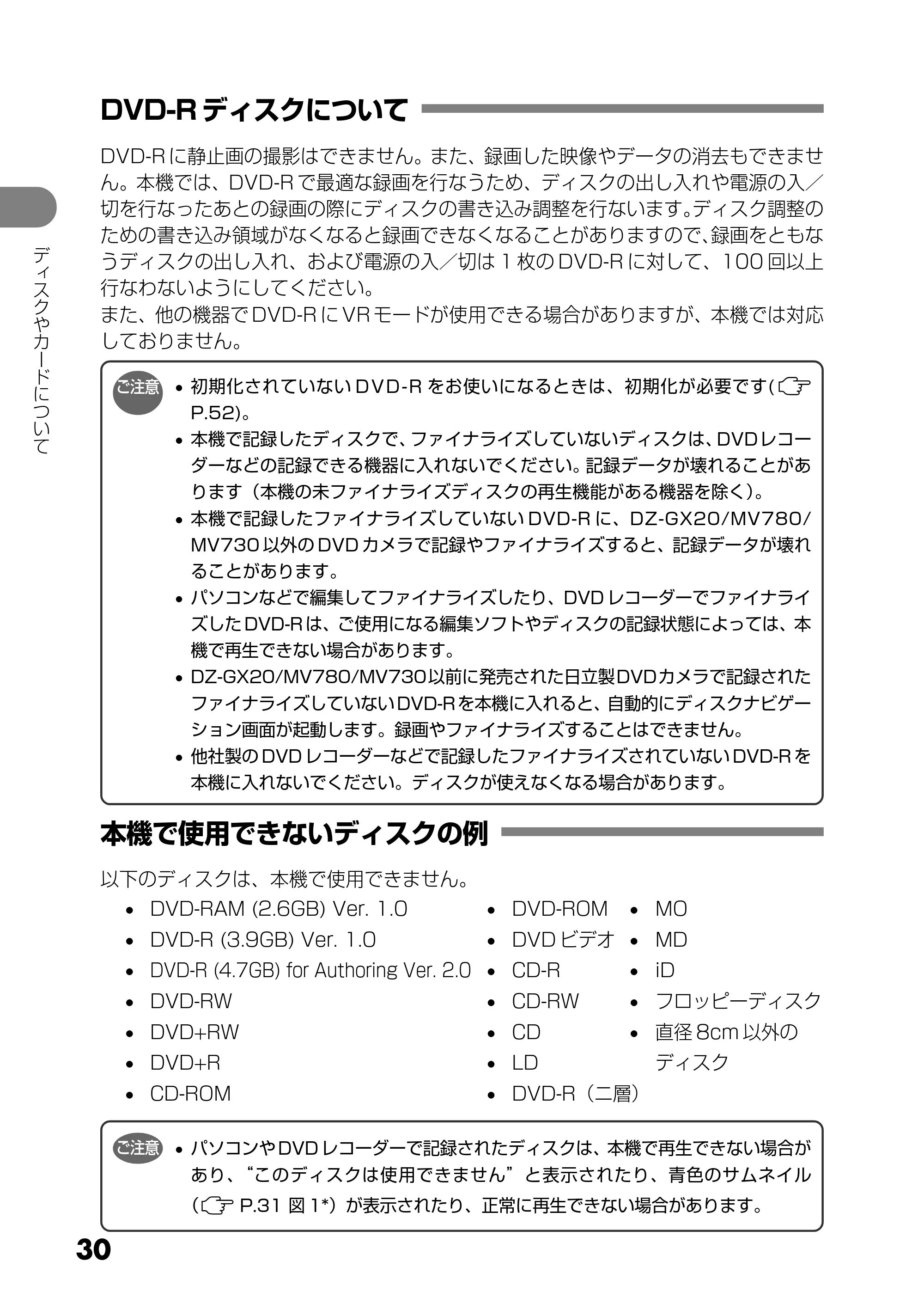 日立 DZ-MV730 取扱説明書 — DVD-R ディスクについて — 原本ページ — 30ページ