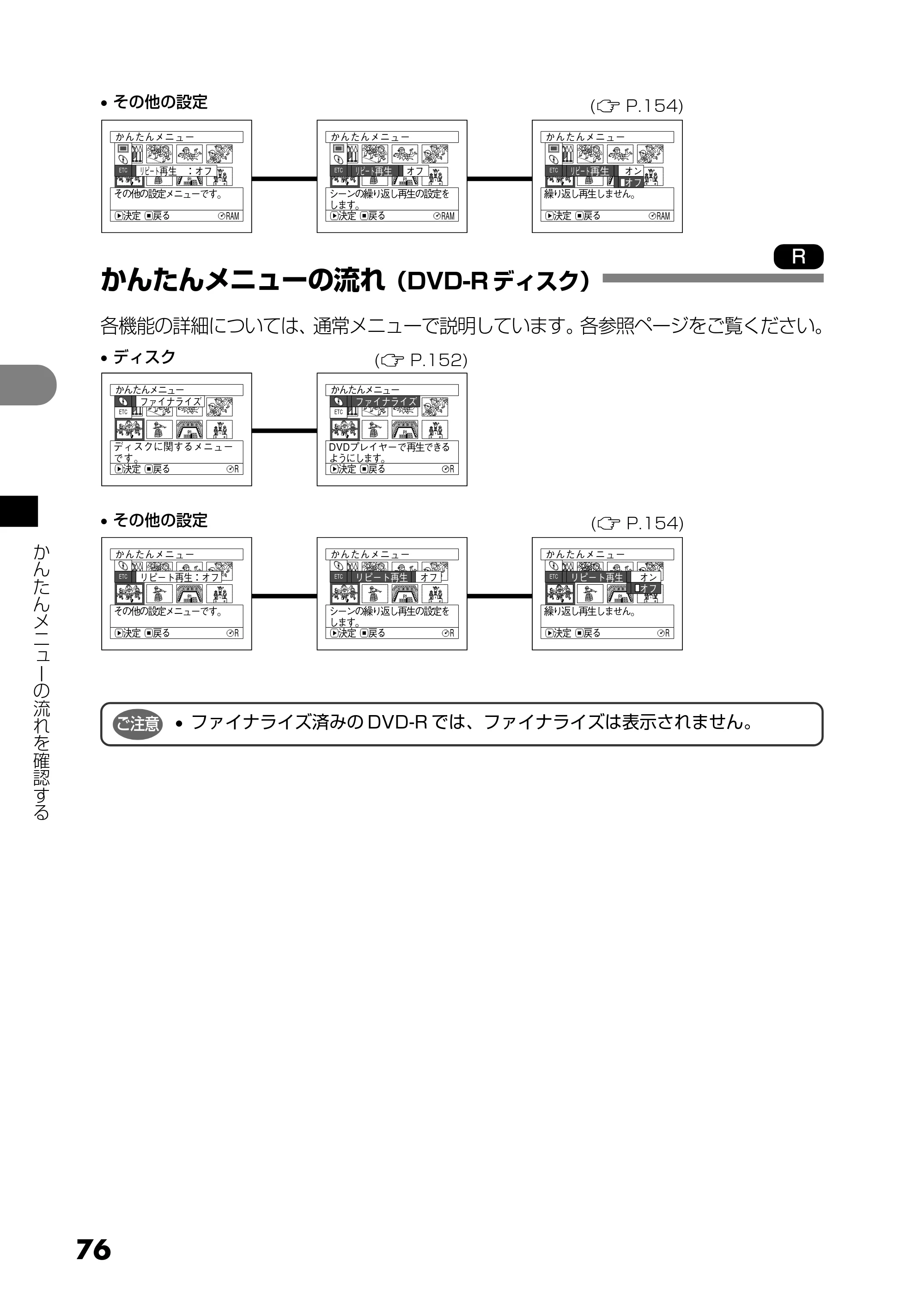 日立 DZ-MV730 取扱説明書 — かんたんメニューの流れ（DVD-R ディスク） — 原本ページ — 76ページ