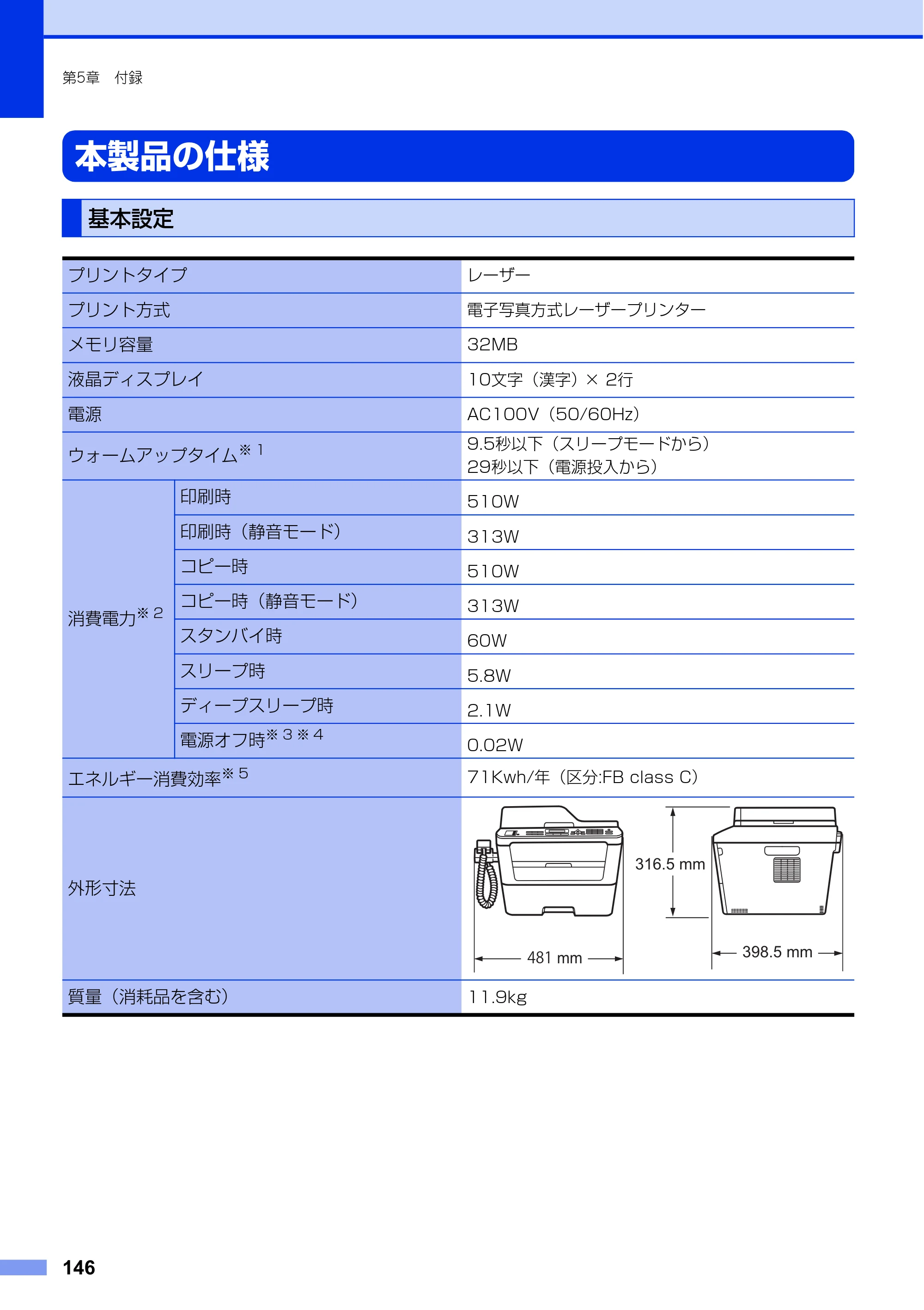 ブラザー FAX-L2700DN ユーザーズガイド ～基本編～ — 本製品の仕様 — 原本ページ — 146ページ