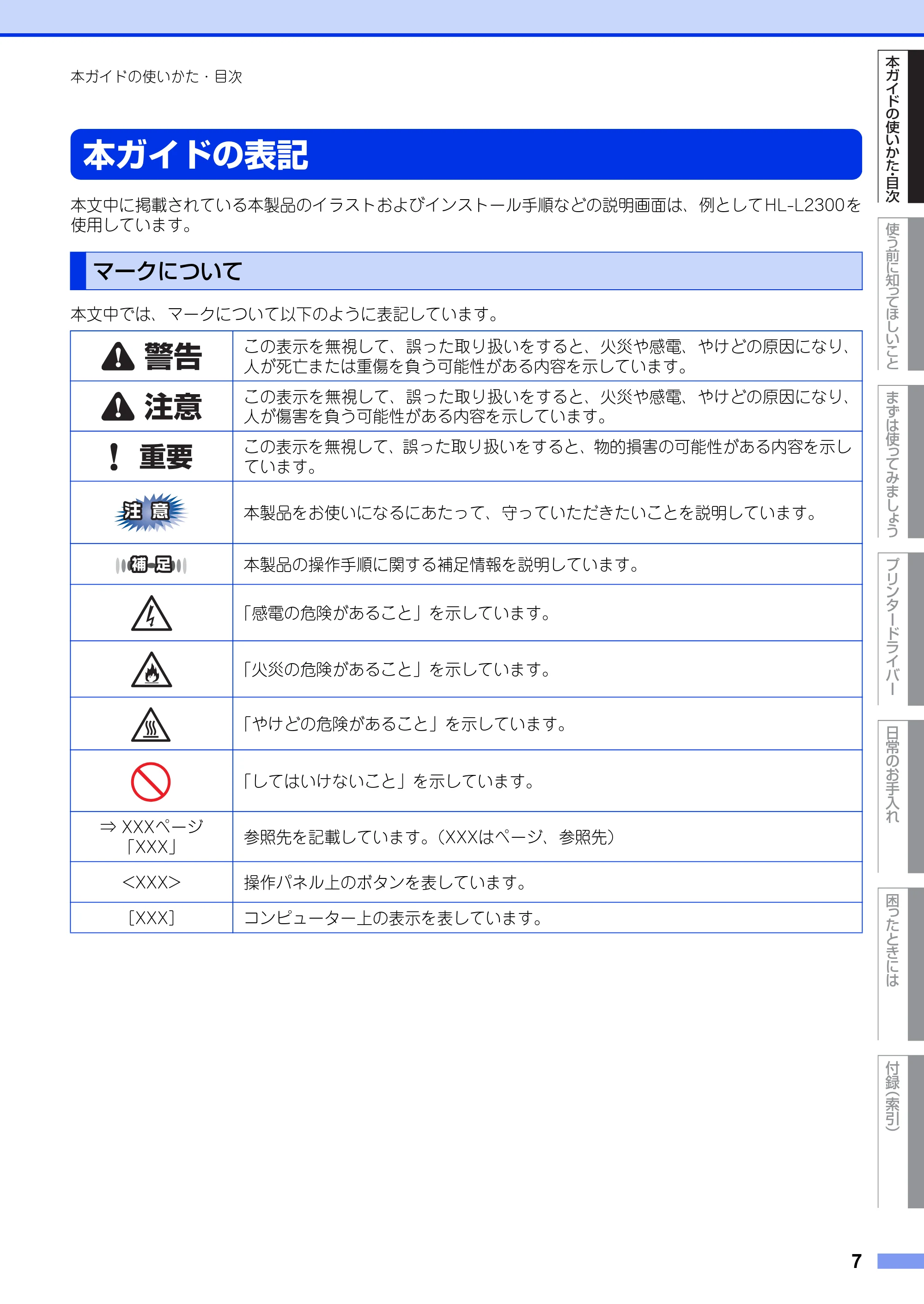 ブラザー HL-L2300 / HL-L2320D ユーザーズガイド — 本ガイドの表記 — 原本ページ — 7ページ