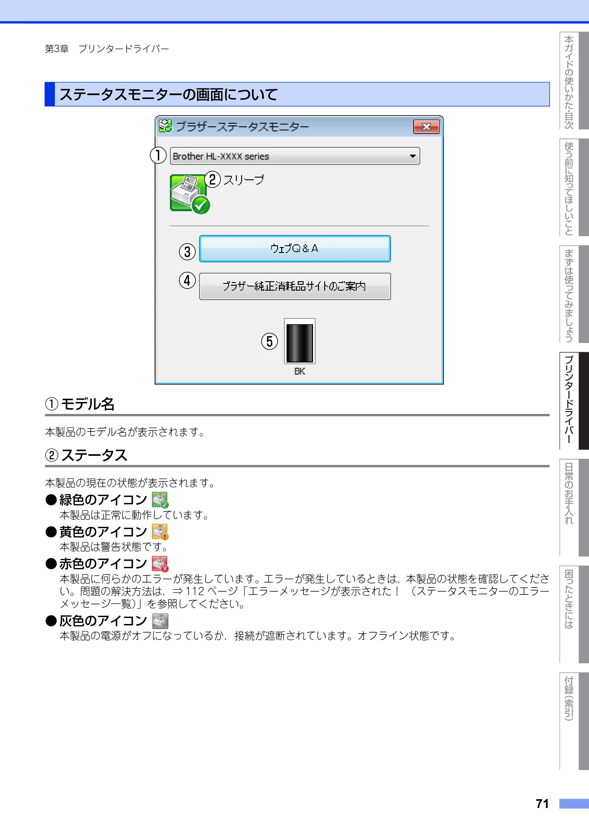 ブラザー HL-L2300 / HL-L2320D ユーザーズガイド — ステータスモニターの画面について — 原本ページ — 71ページ