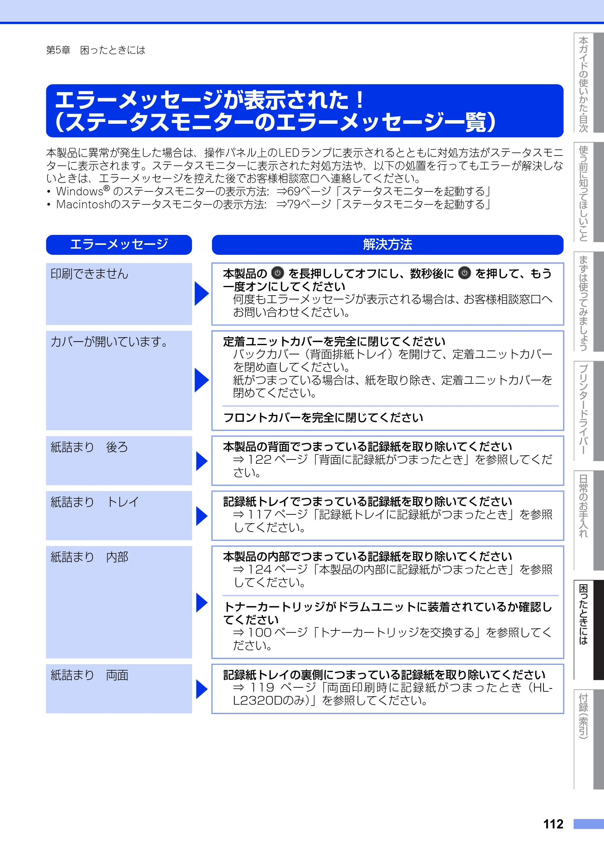 ブラザー HL-L2300 / HL-L2320D ユーザーズガイド — エラーメッセージが表示された！ （ステータスモニターのエラーメッセージ一覧） — 原本ページ — 112ページ
