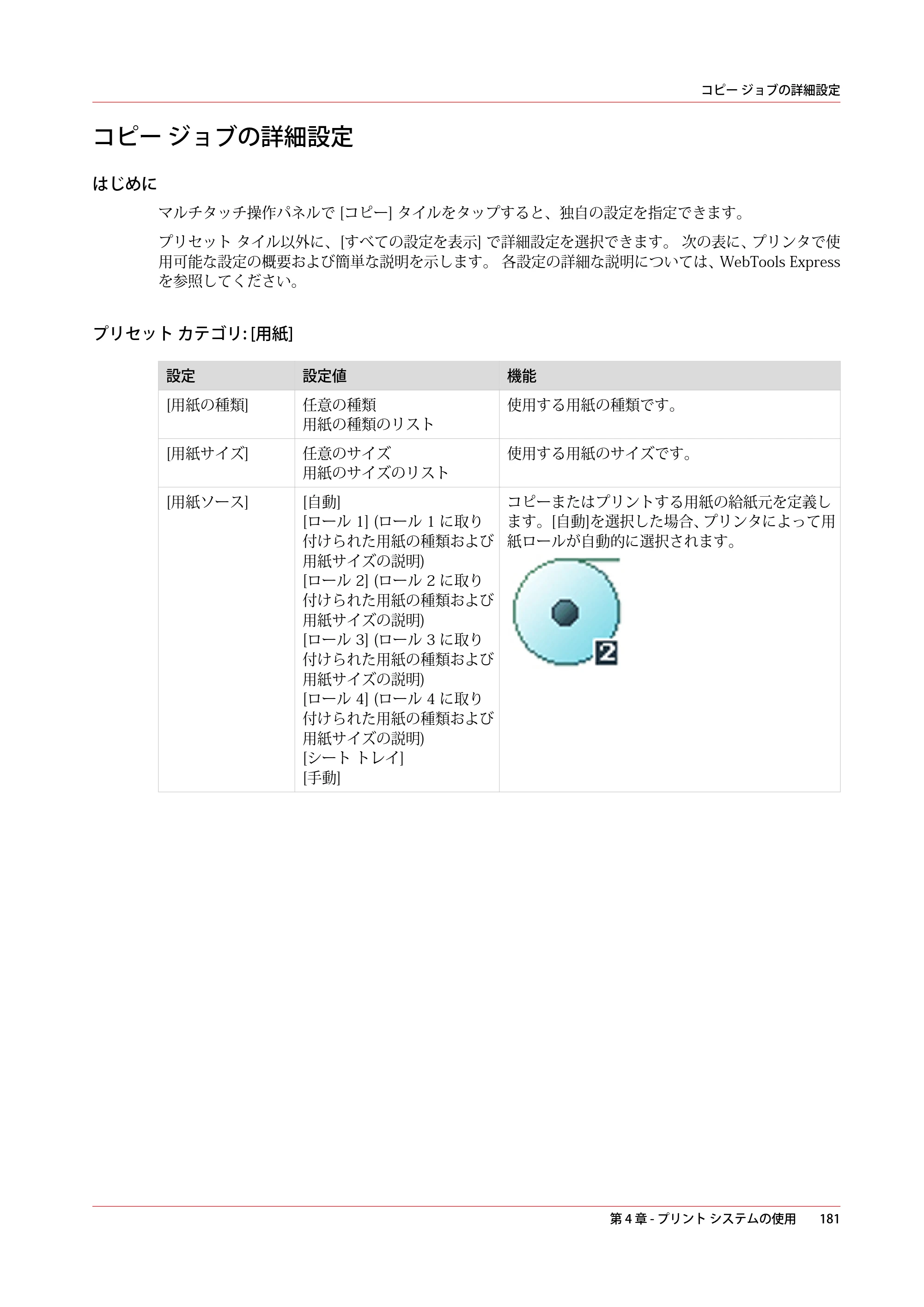 キヤノン plotWAVE T50/T55 操作ガイド 2024年9月6日掲載 （PDF形式／18.4Mバイト） — コピー ジョブの詳細設定 — 原本ページ — 181ページ
