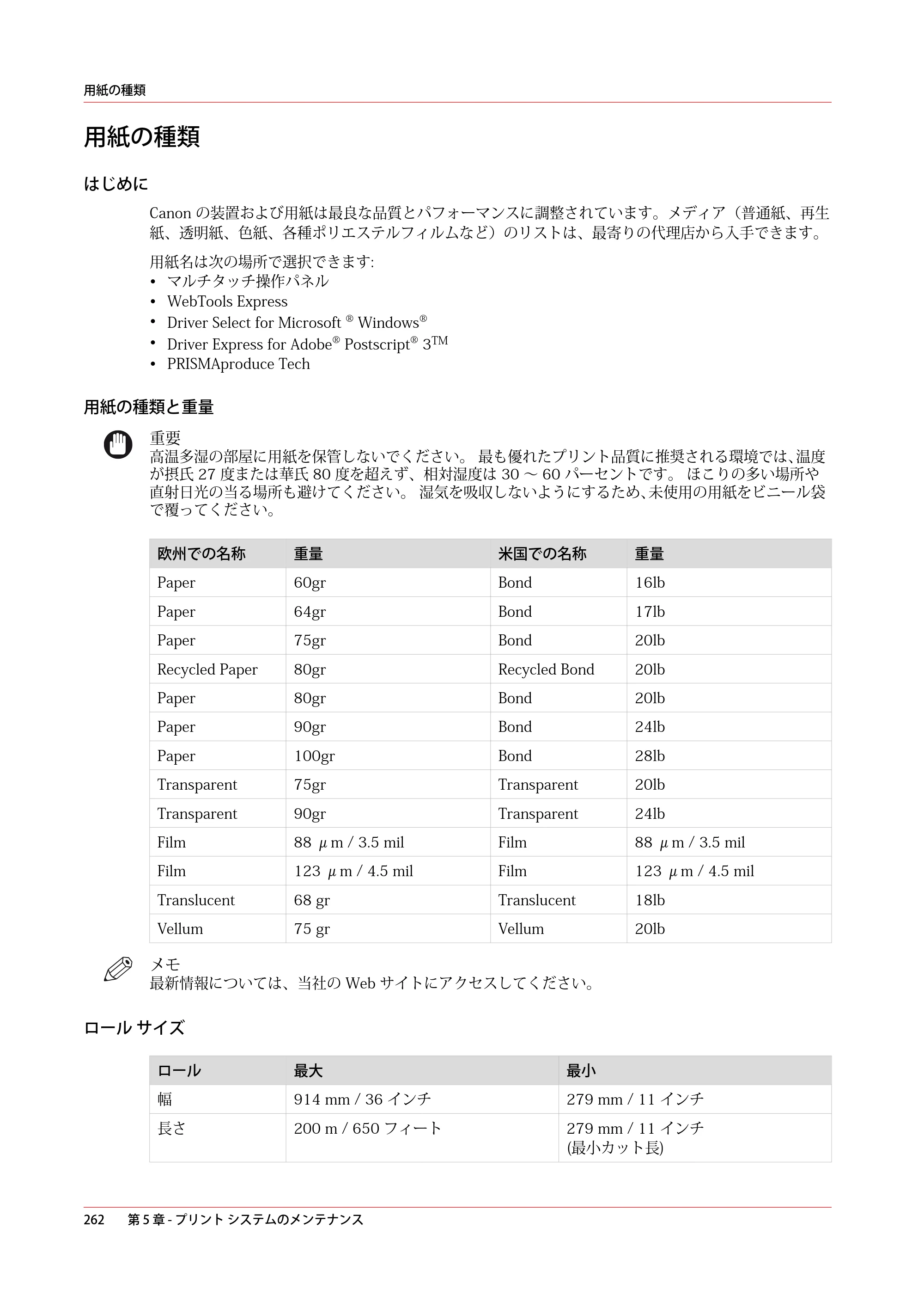 キヤノン plotWAVE T50/T55 操作ガイド 2024年9月6日掲載 （PDF形式／18.4Mバイト） — 用紙の種類 — 原本ページ — 262ページ