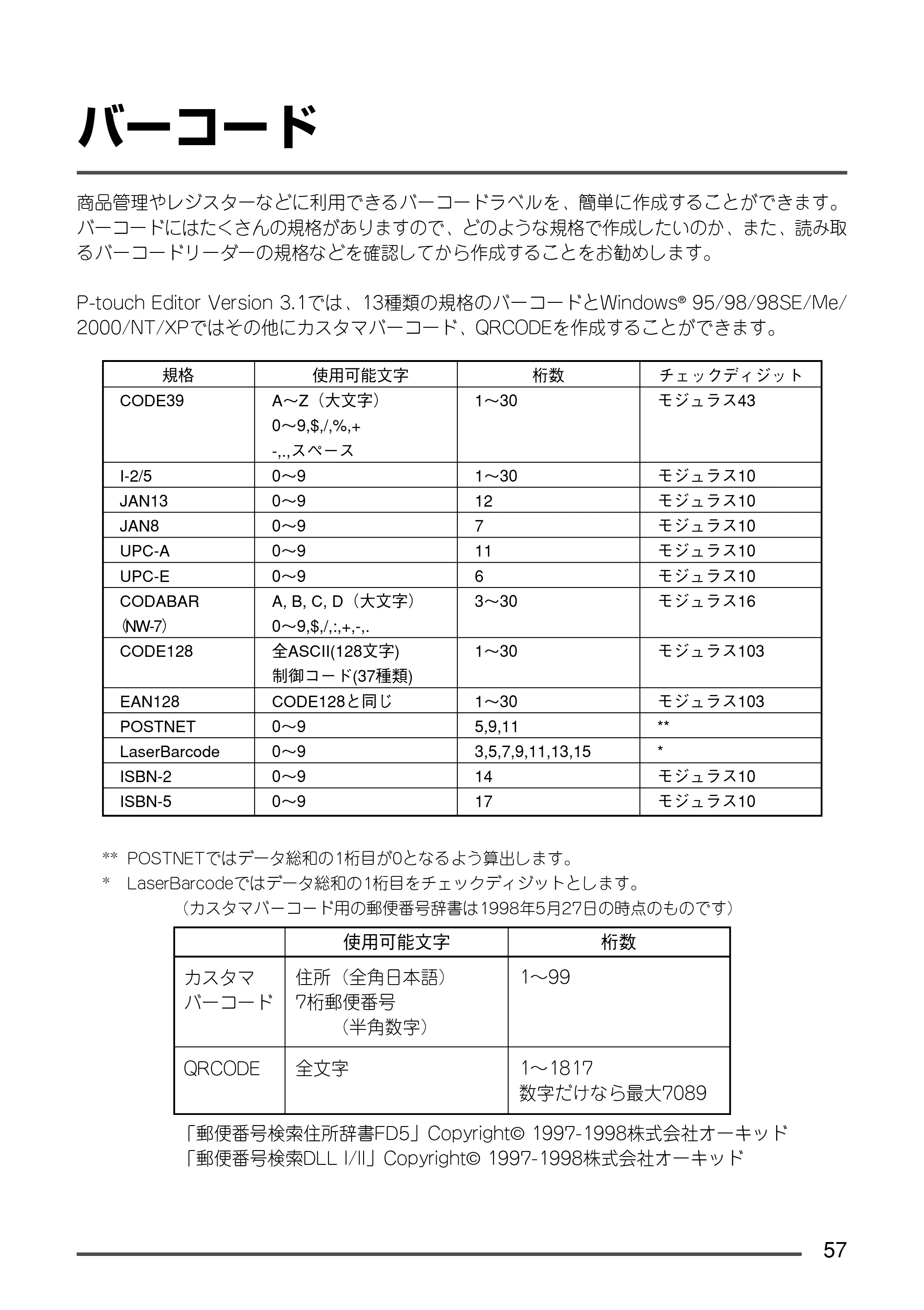 ブラザー PT-9300pc クイックリファレンスガイド — バーコード — 原本ページ — 58ページ