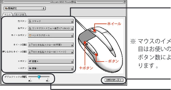 エレコム M-KD2UP2RBK / M-KD2UP2RCR / M-KD2UP2RSV 取扱説明書 [Mac] — 「マウス」タブ — 図版 19-1 — 19ページ