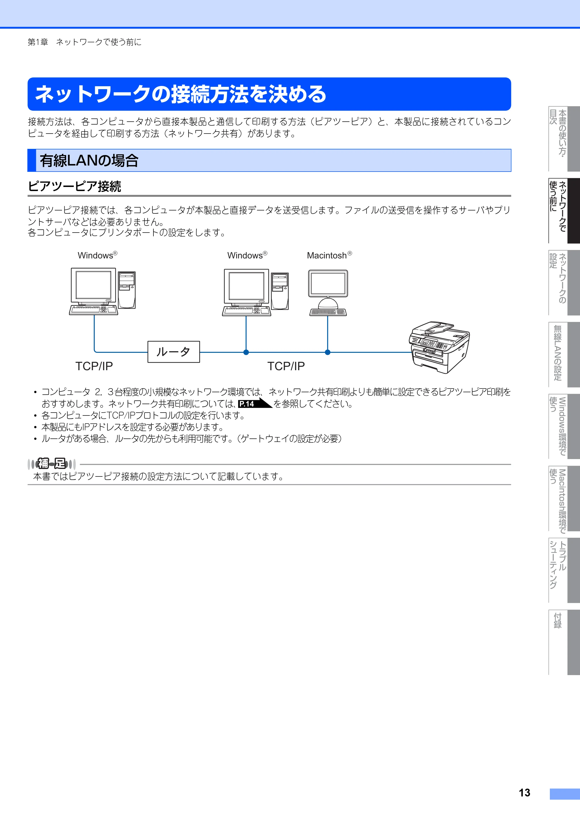 ブラザー MFC-7840W ネットワーク取扱説明書 — ネットワークの接続方法を決める — 原本ページ — 14ページ