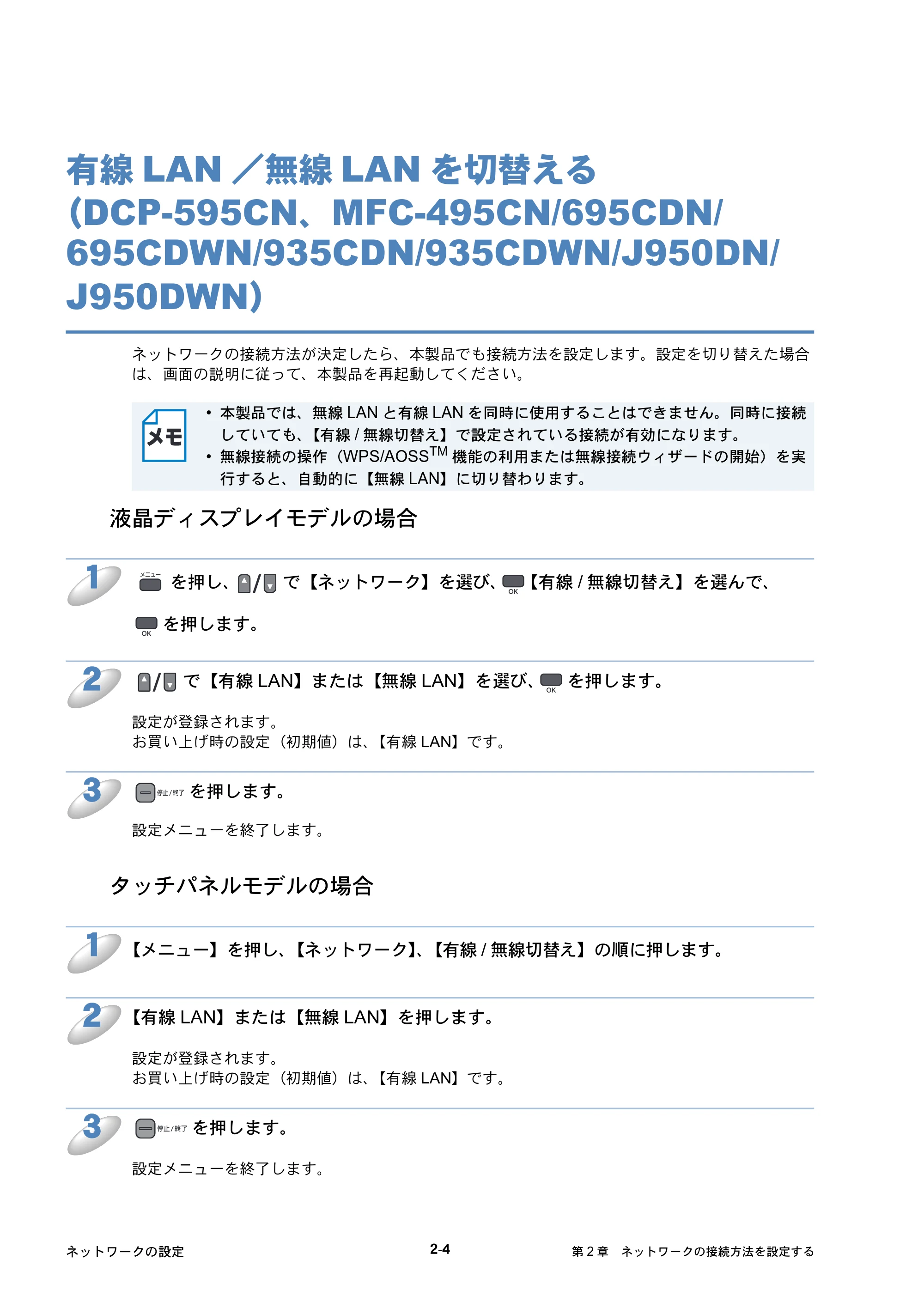 ブラザー DCP-390CN / DCP-595CN / MFC-495CN ユーザーズガイド ～ネットワーク設定編～ — 有線LAN／無線LANを切替える（DCP-595CN、MFC-495CN/695CDN/695CDWN/935CDN/935CDWN/J950DN/J950DWN） — 原本ページ — 25ページ