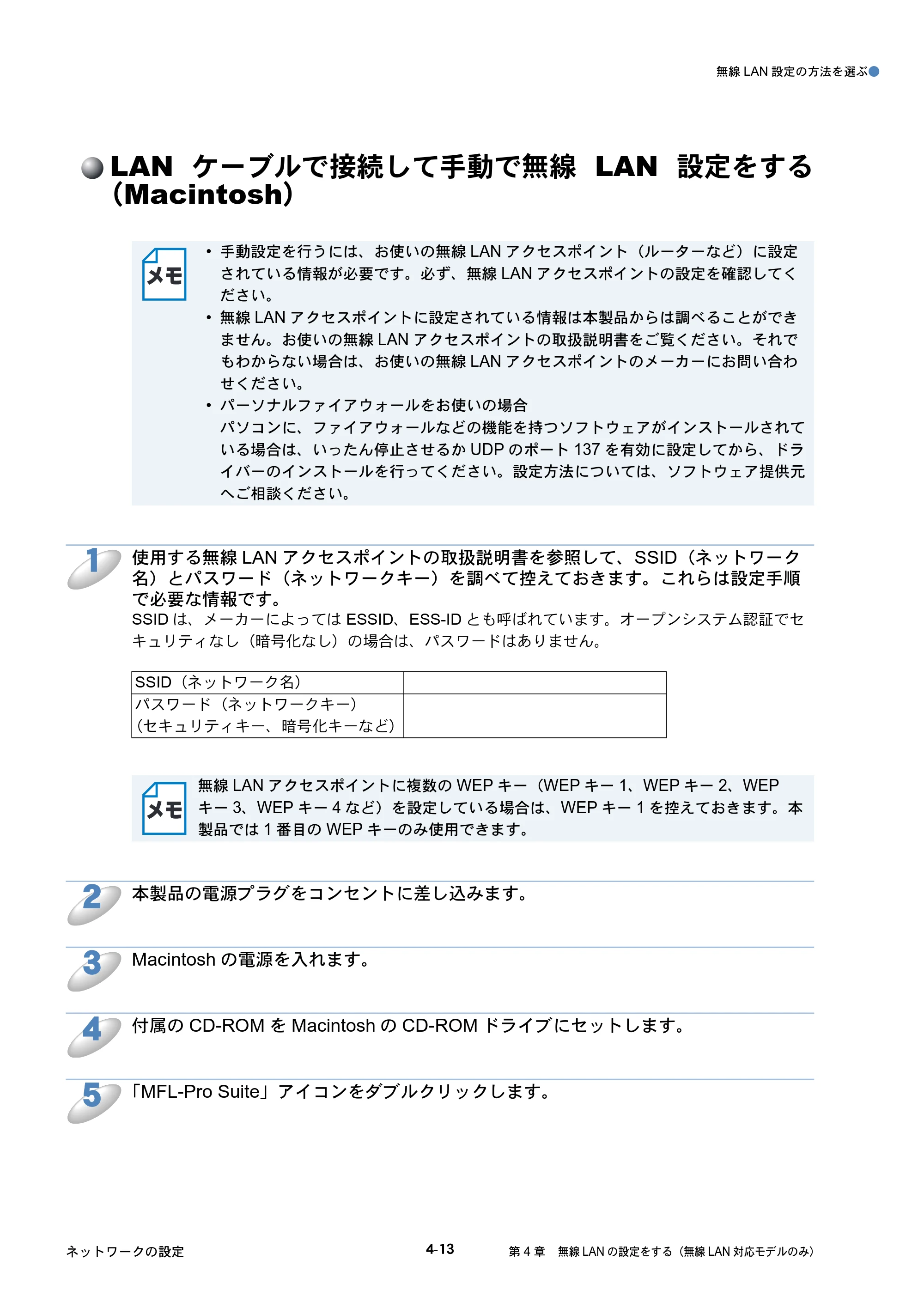 ブラザー DCP-390CN / DCP-595CN / MFC-495CN ユーザーズガイド ～ネットワーク設定編～ — LANケーブルで接続して手動で無線LAN設定をする（Macintosh） — 原本ページ — 61ページ