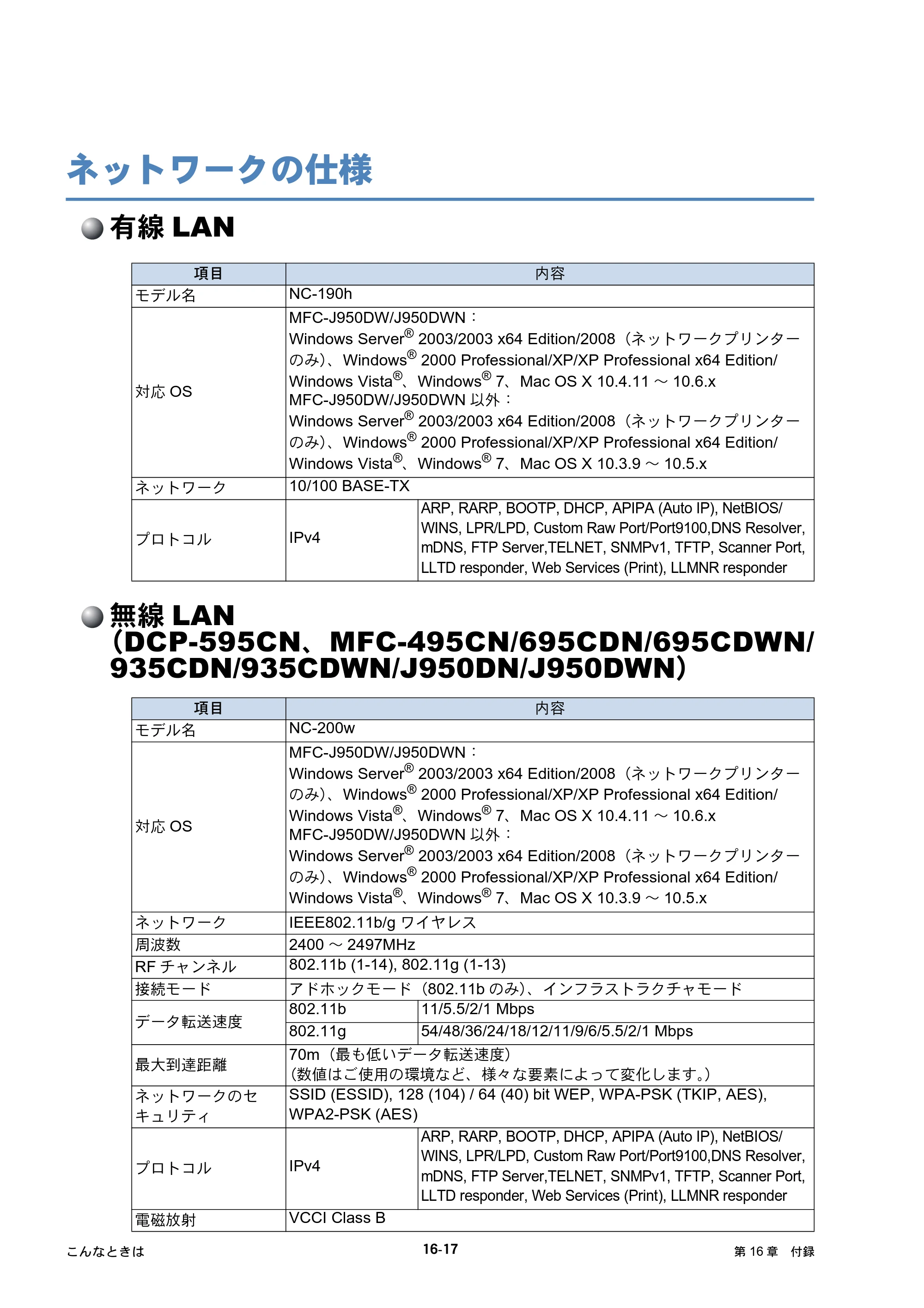 ブラザー DCP-390CN / DCP-595CN / MFC-495CN ユーザーズガイド ～ネットワーク設定編～ — ネットワークの仕様 — 原本ページ — 154ページ