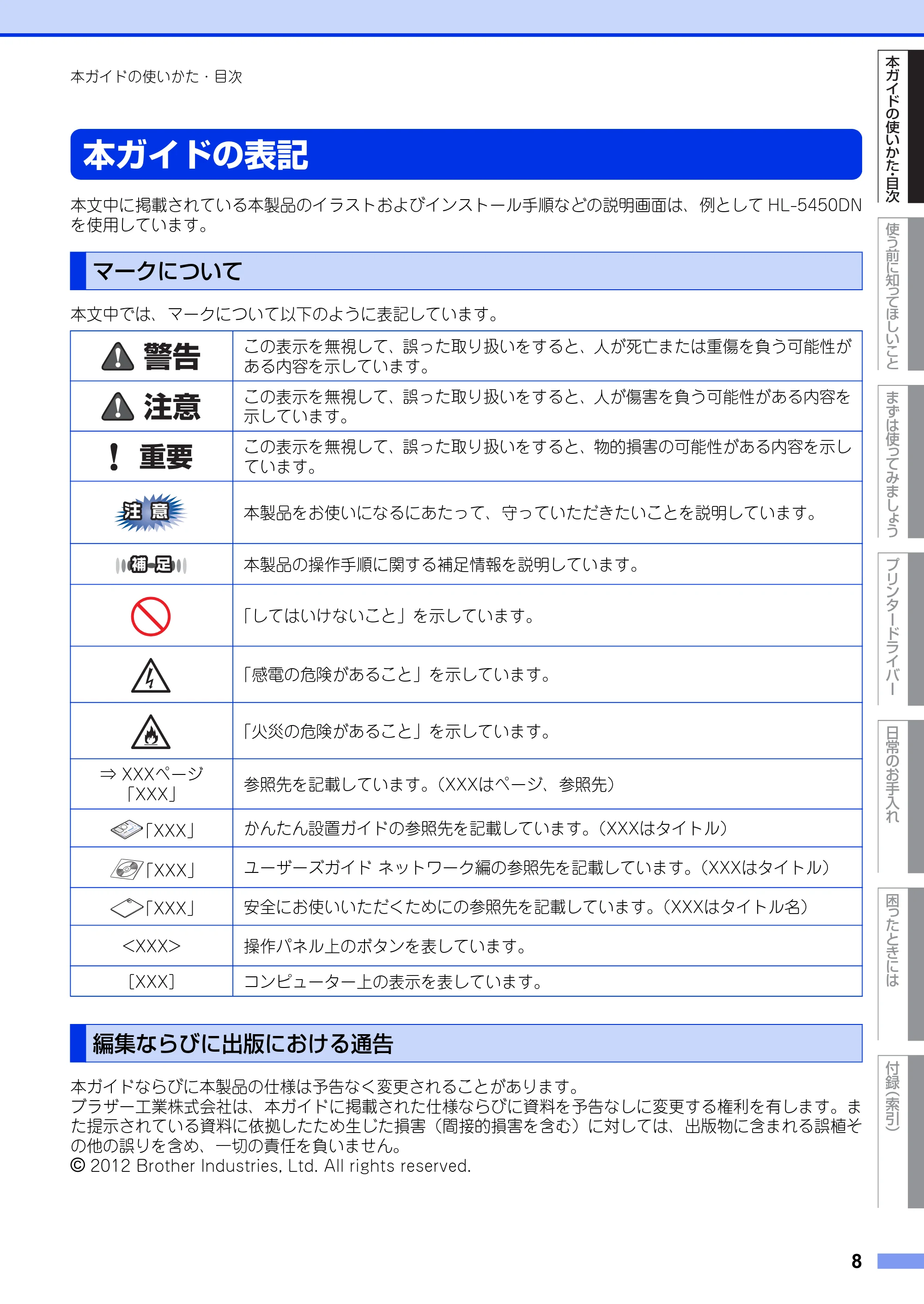 ブラザー HL-5440D / HL-5450DN ユーザーズガイド — 本ガイドの表記 — 原本ページ — 8ページ