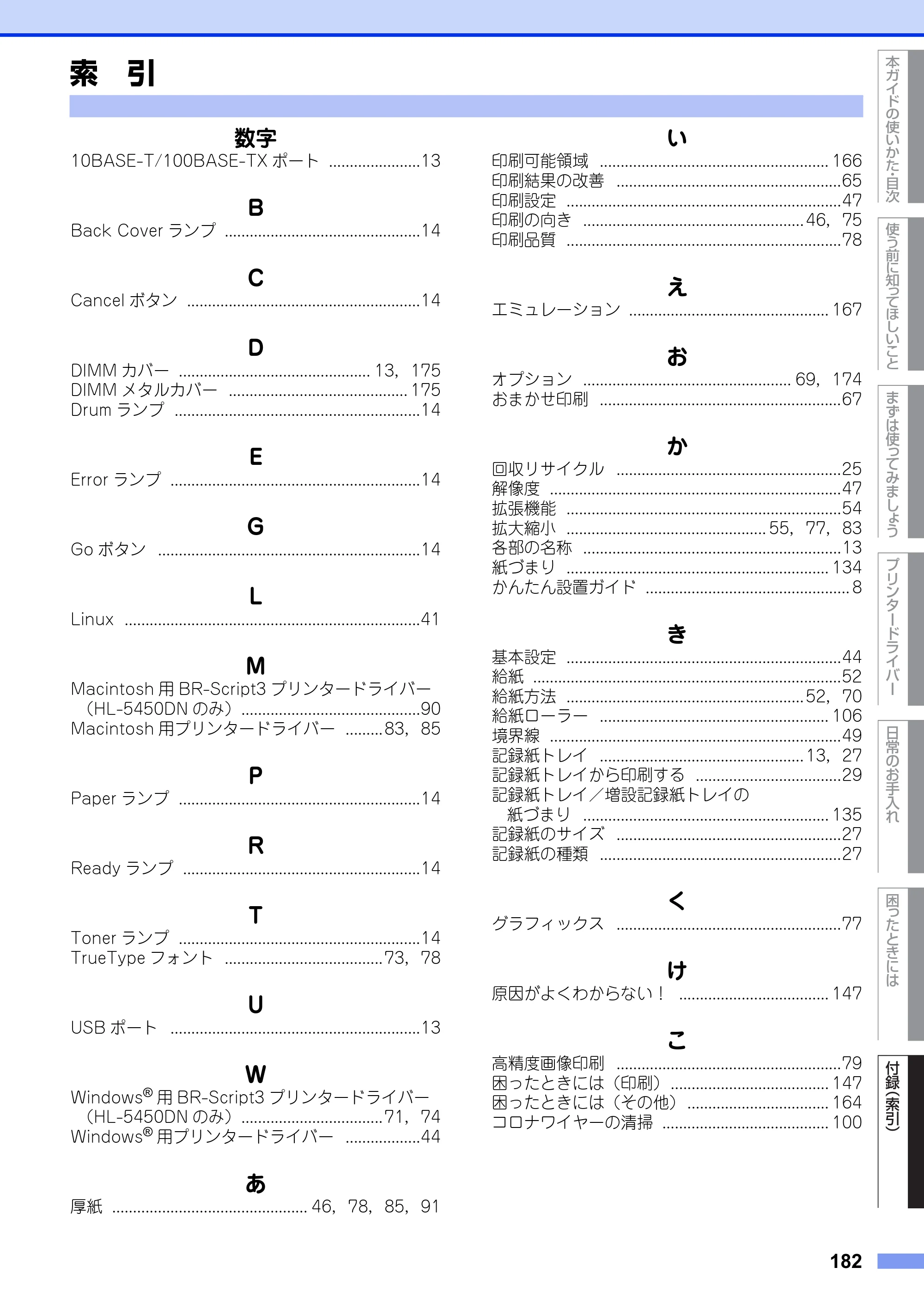 ブラザー HL-5440D / HL-5450DN ユーザーズガイド — 索 引 — 原本ページ — 182ページ
