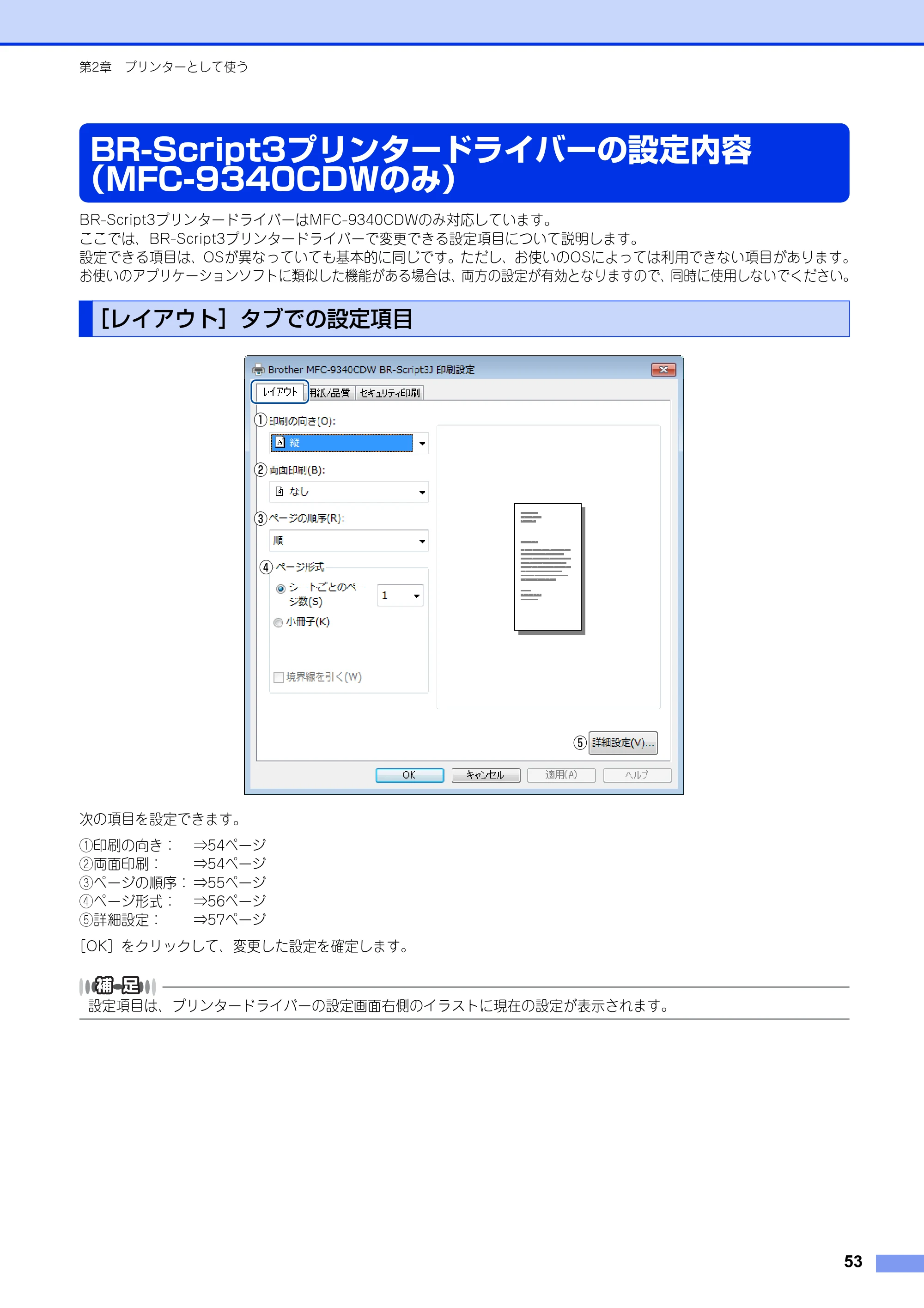 ブラザー DCP-9020CDW / MFC-9340CDW ユーザーズガイド ～パソコン活用編～ — BR-Script3プリンタードライバーの設定内容（MFC-9340CDWのみ） — 原本ページ — 54ページ
