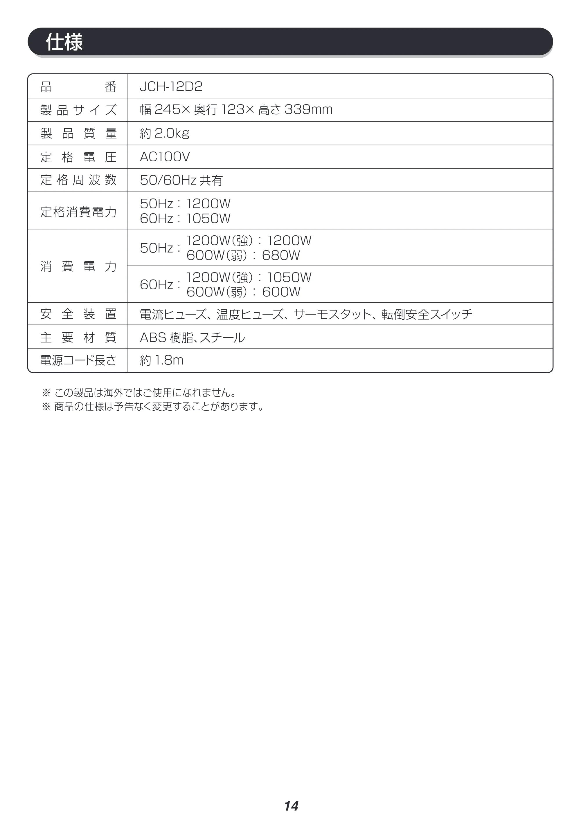 アイリスオーヤマ JCH-12D2 取扱説明書 — 原本ページ — 14ページ