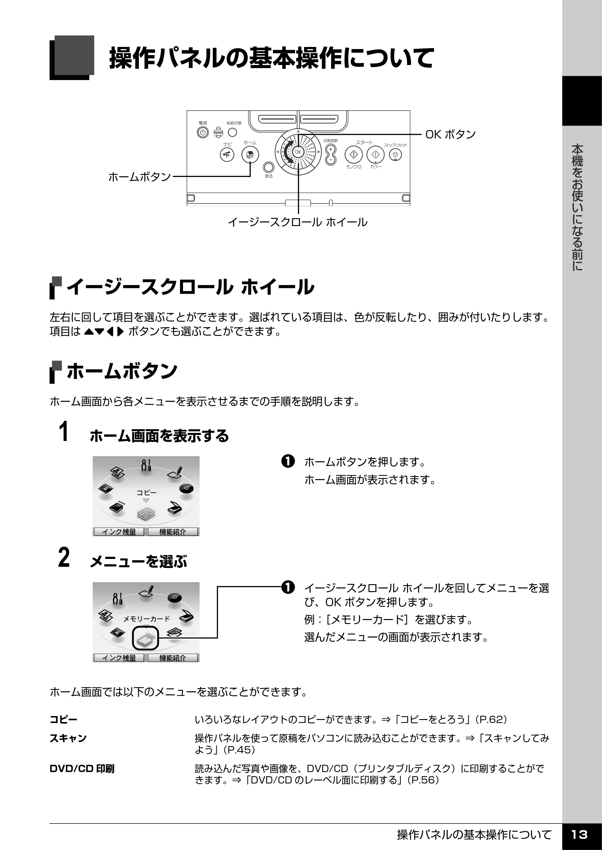 キヤノン PIXUS MP960 操作ガイド（本体操作編） （PDF形式／8.04Mバイト） — 操作パネルの基本操作について — 原本ページ — 15ページ