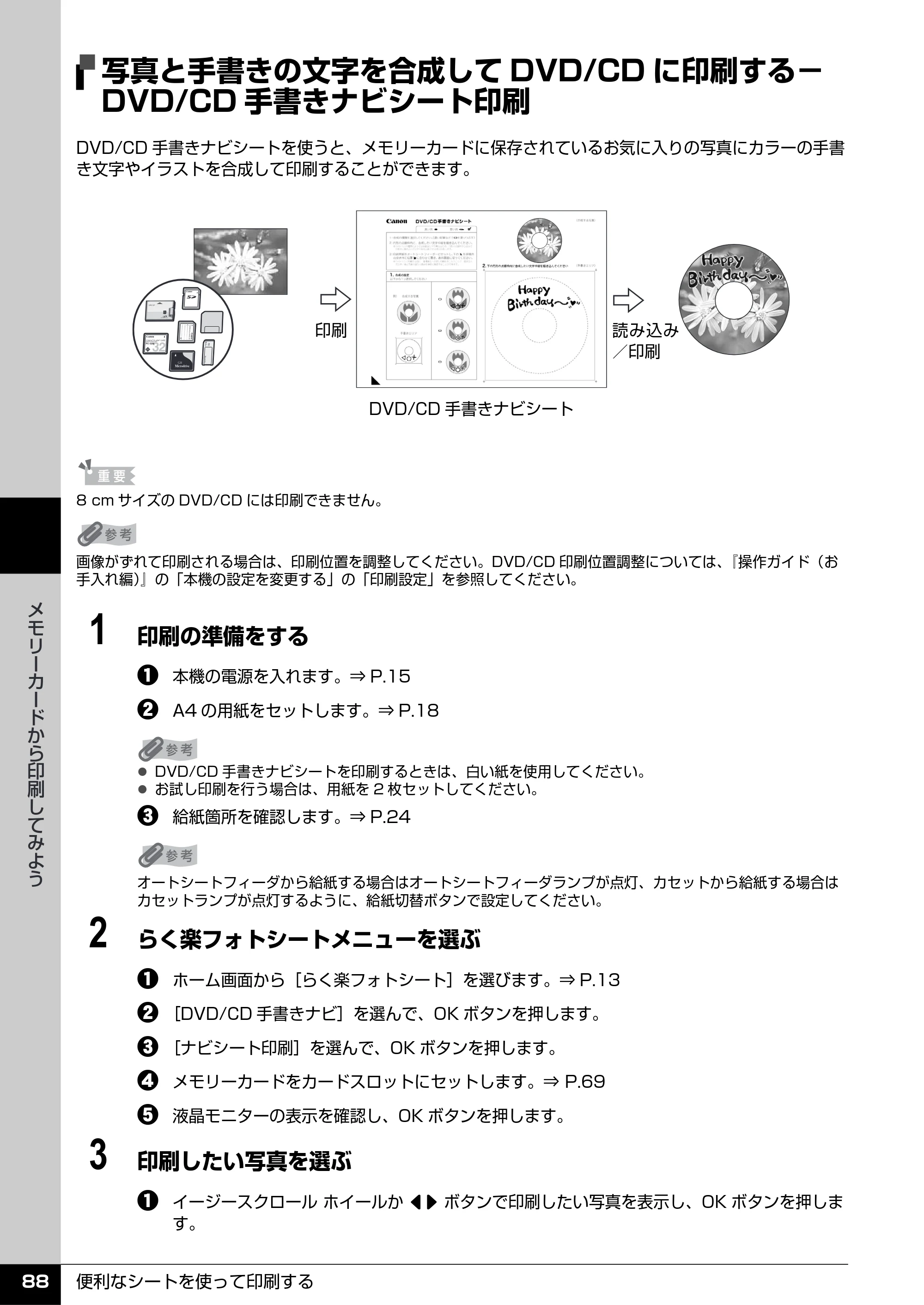 キヤノン PIXUS MP960 操作ガイド（本体操作編） （PDF形式／8.04Mバイト） — 写真と手書きの文字を合成してDVD/CDに印刷する− DVD/CD手書きナビシート印刷 — 原本ページ — 90ページ