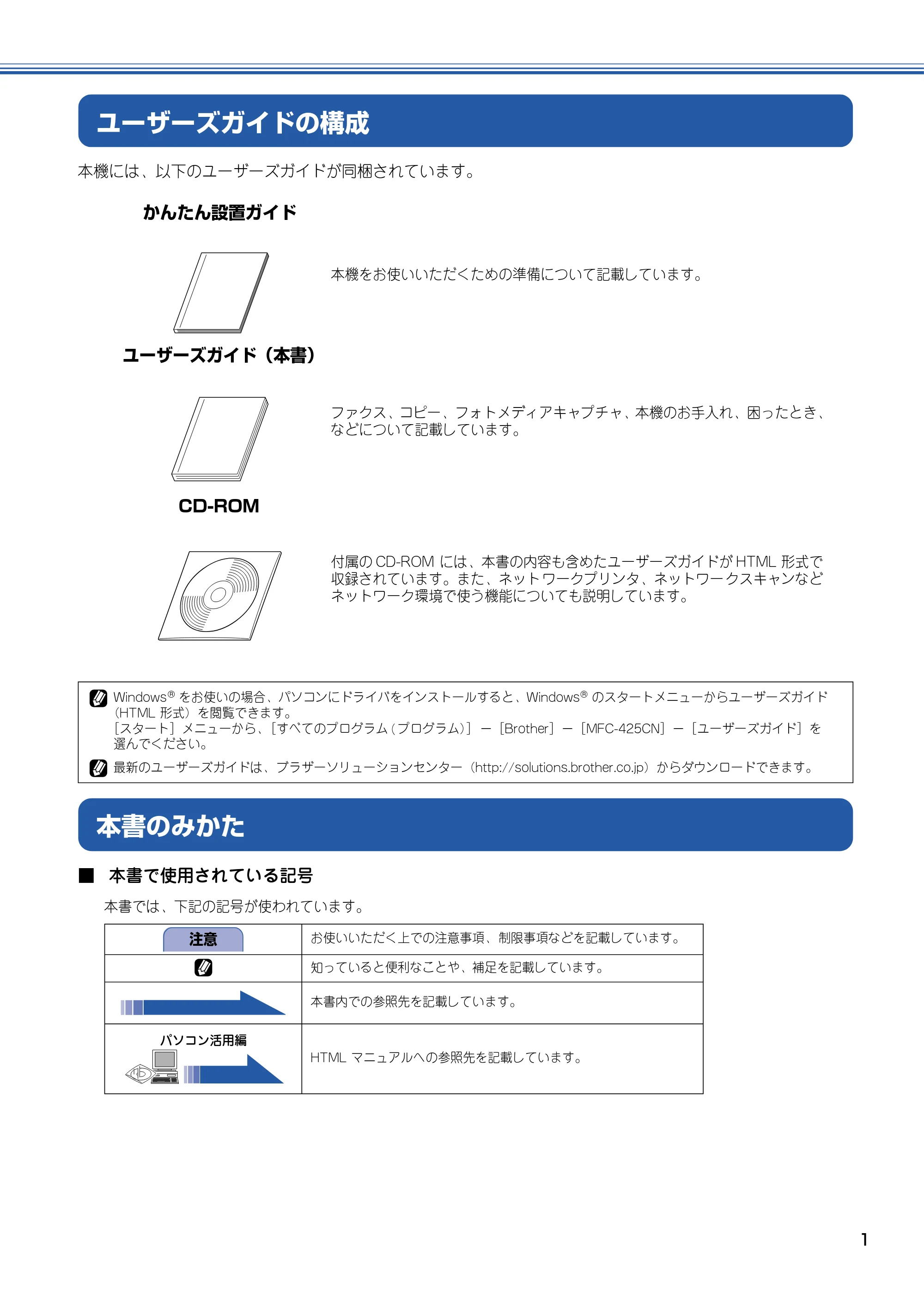 ブラザー MFC-425CN 取扱説明書（本体） — ユーザーズガイドの構成 — 原本ページ — 2ページ