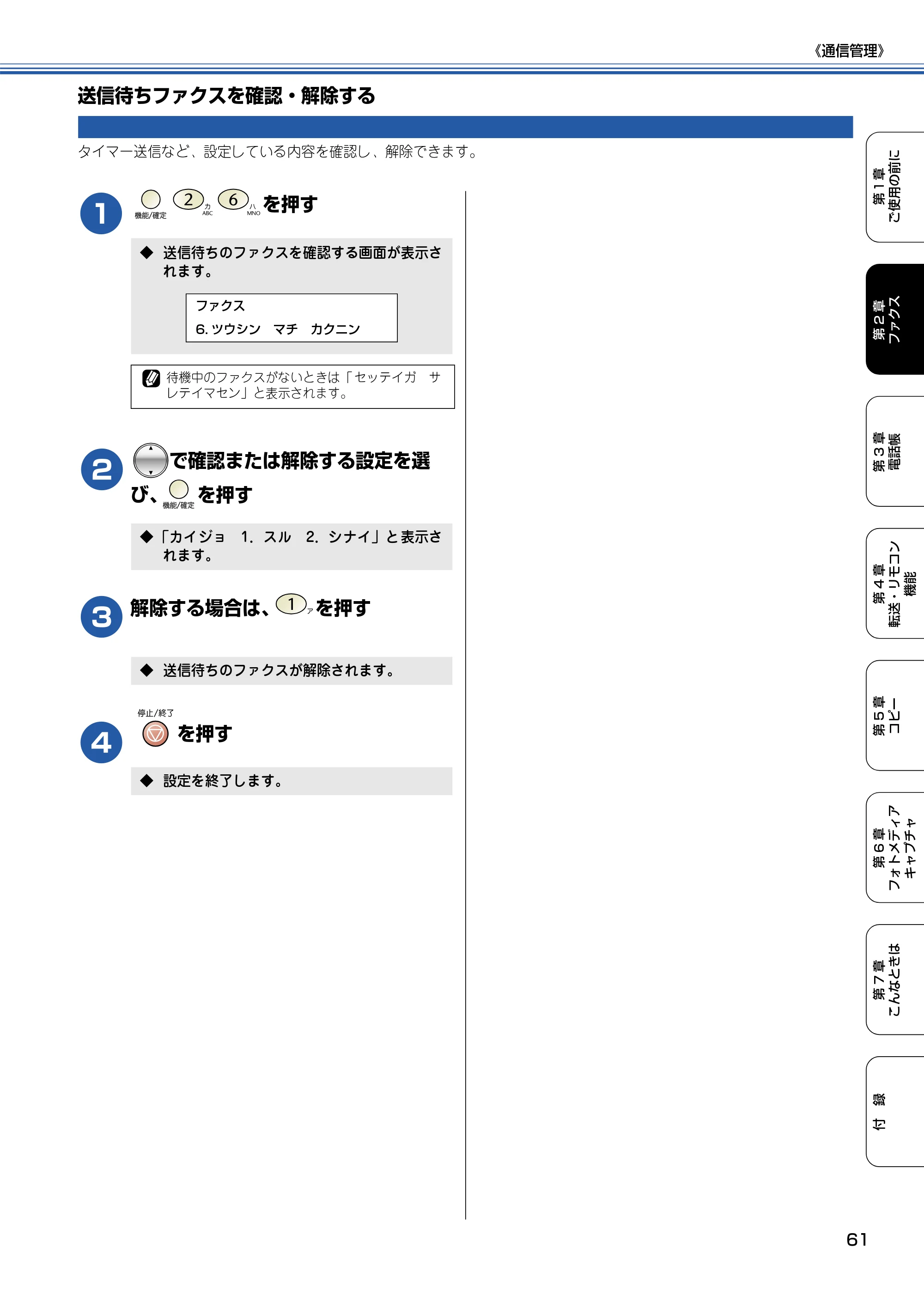 ブラザー MFC-425CN 取扱説明書（本体） — 送信待ちファクスを確認・解除する — 原本ページ — 62ページ