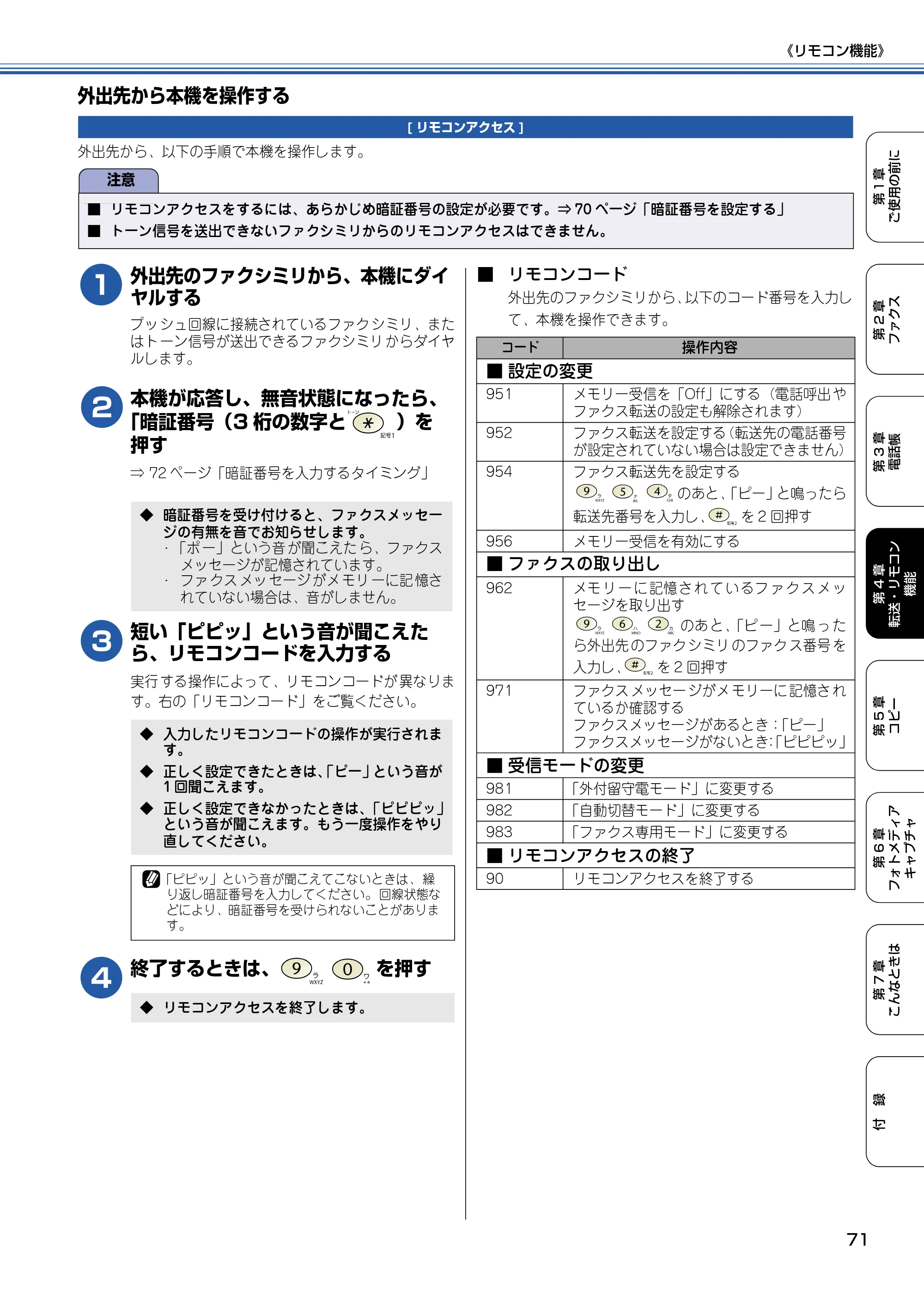 ブラザー MFC-425CN 取扱説明書（本体） — 外出先から本機を操作する — 原本ページ — 72ページ