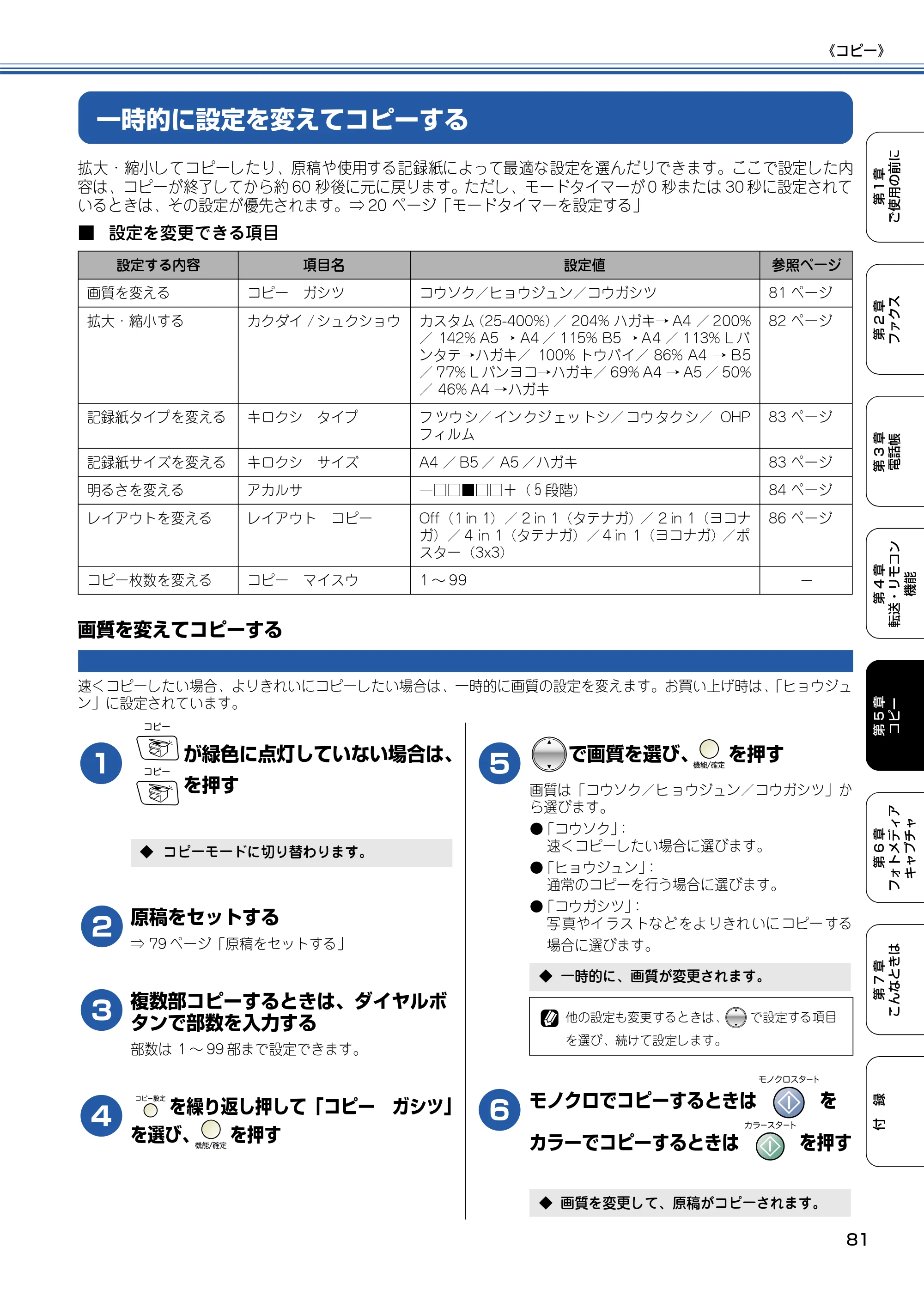 ブラザー MFC-425CN 取扱説明書（本体） — 一時的に設定を変えてコピーする — 原本ページ — 82ページ