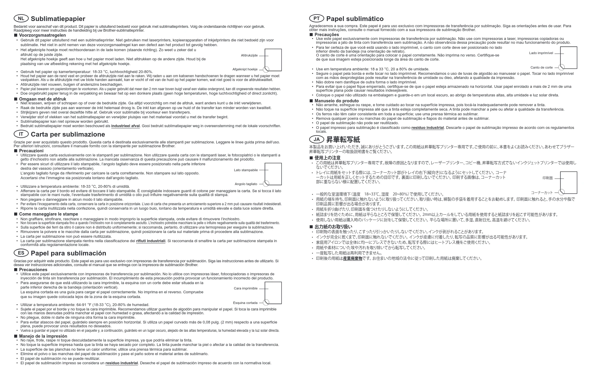 ブラザー SP-1 昇華転写紙 使用上の注意 — NL Sublimatiepapier — 原本ページ — 2ページ