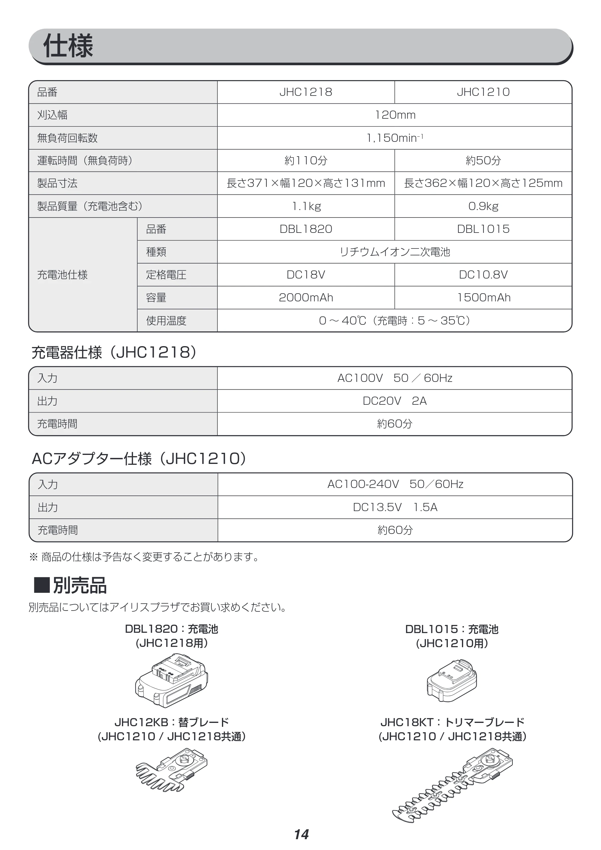 アイリスオーヤマ JHC1218 取扱説明書 — 原本ページ — 14ページ