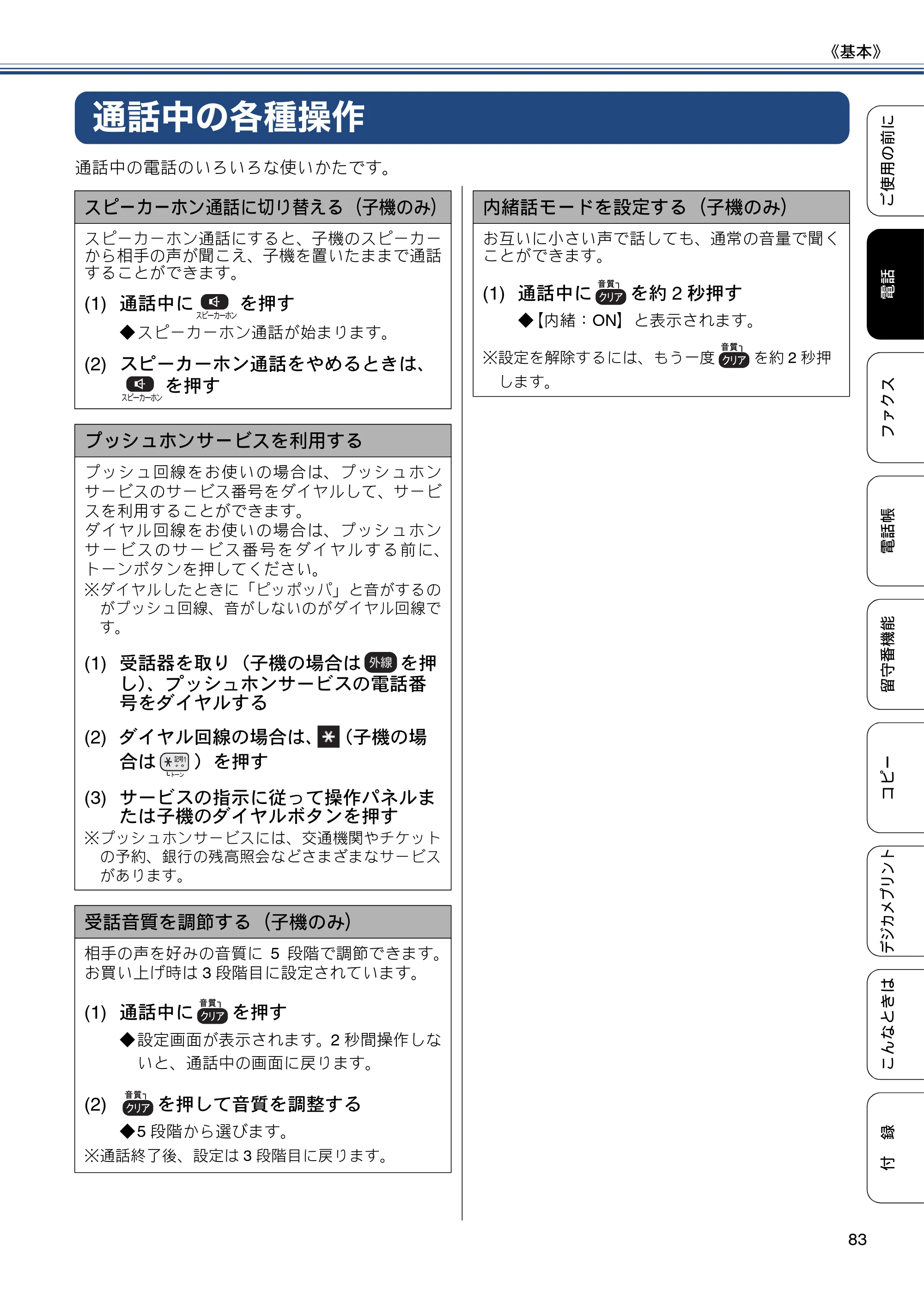 ブラザー MFC-J980DN / MFC-J980DWN ユーザーズガイド ～基本編～ — 通話中の各種操作 — 原本ページ — 83ページ
