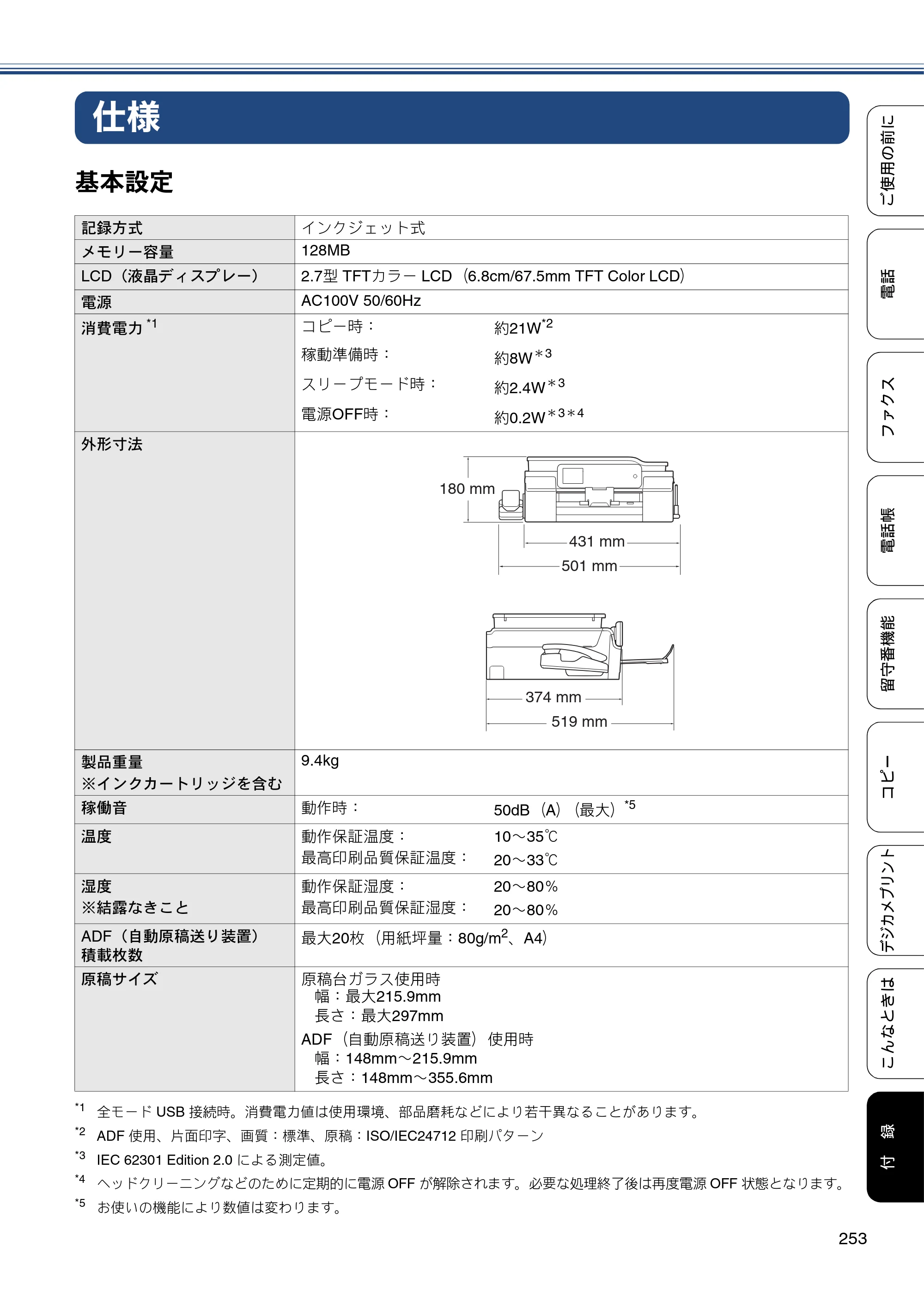 ブラザー MFC-J980DN / MFC-J980DWN ユーザーズガイド ～基本編～ — 仕様 — 原本ページ — 253ページ
