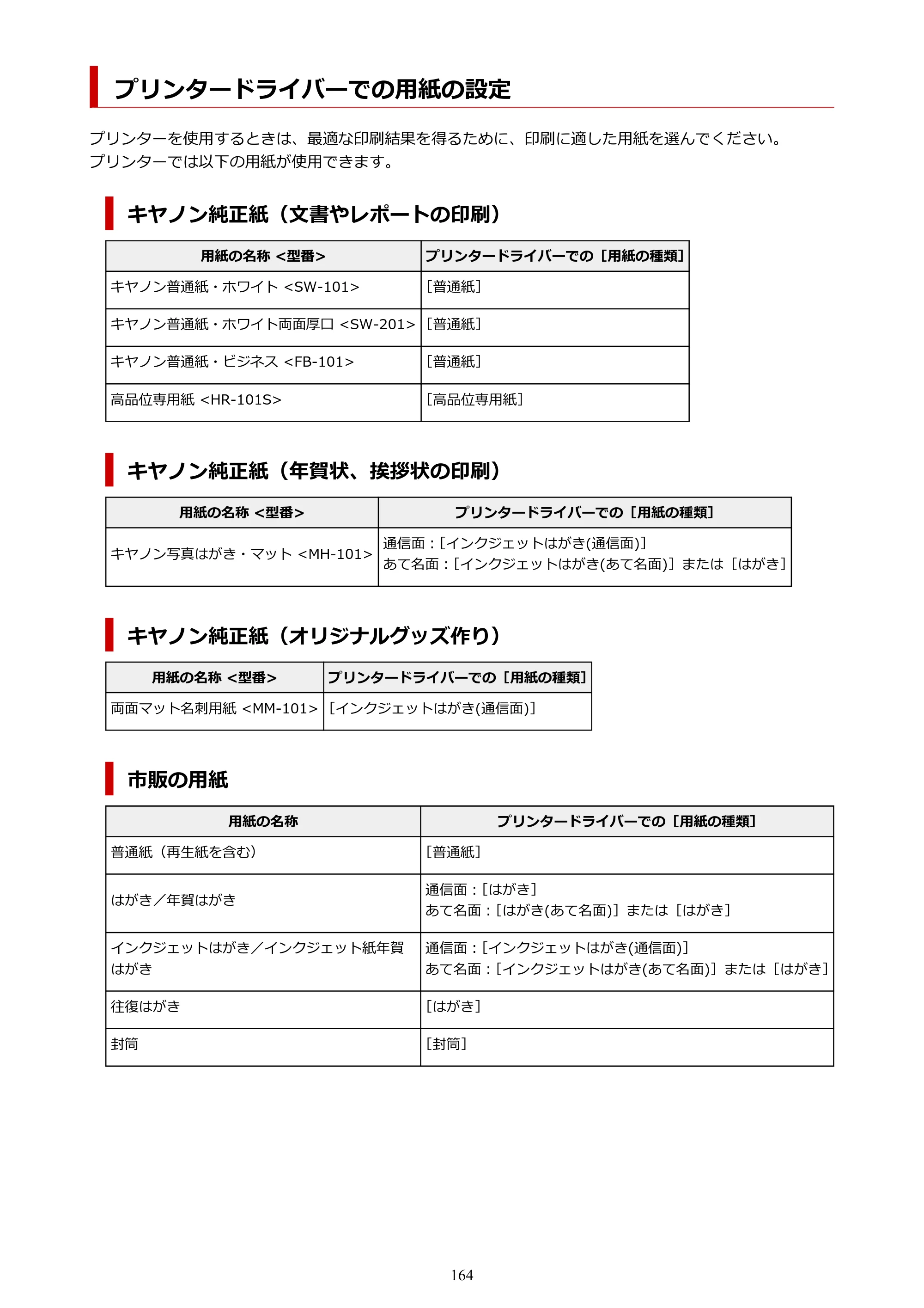 キヤノン GM2030 GM2030 （PDF） オンラインマニュアル - 取扱説明書 - （Windows） 2026年5月21日更新（PDF：5.0MB） — プリンタードライバーでの用紙の設定 — 原本ページ — 164ページ