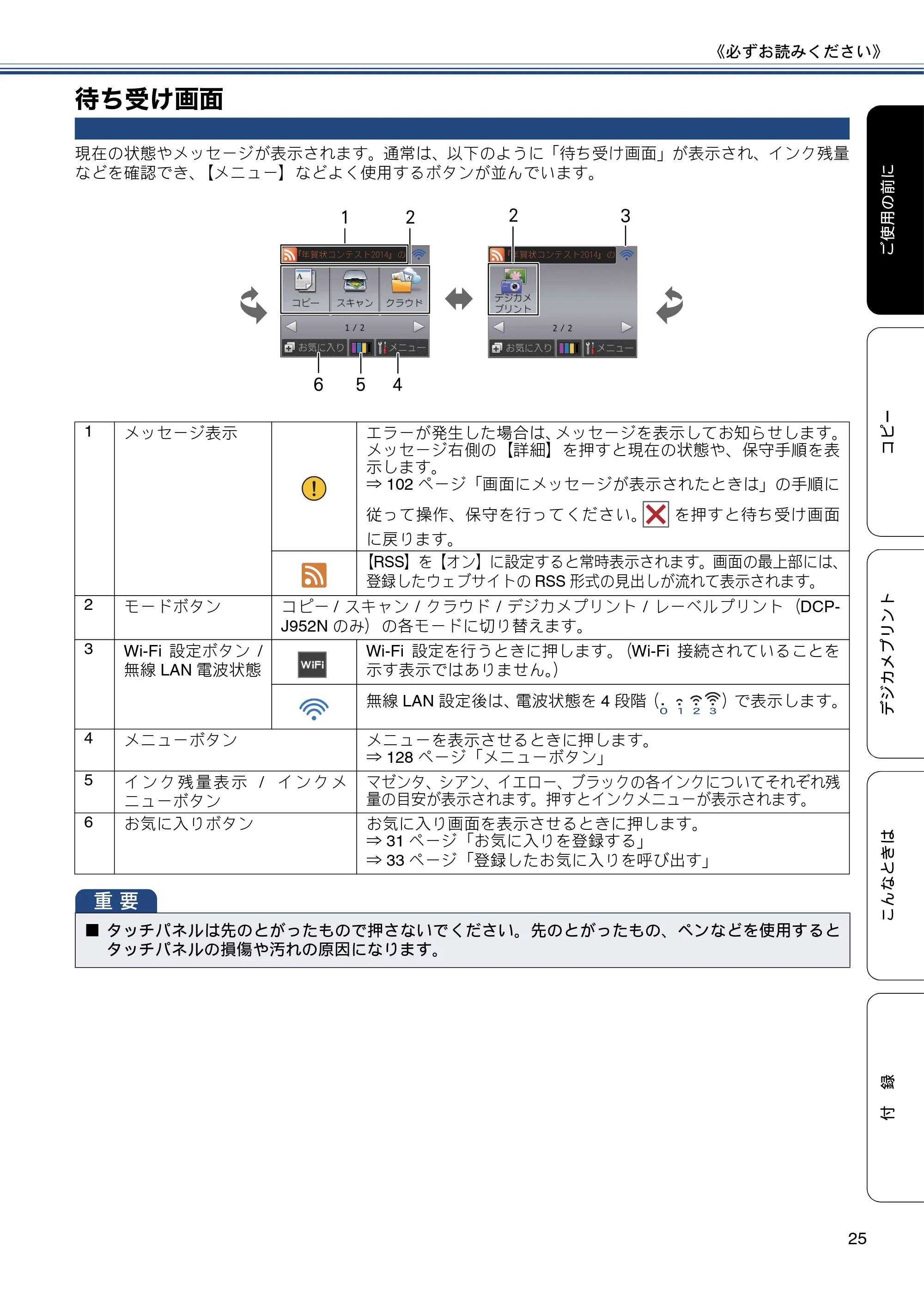 ブラザー DCP-J552N / DCP-J552N-ECO / DCP-J752N / DCP-J952N-B/W/ECO ユーザーズガイド ~基本編~ — 待ち受け画面 — 原本ページ — 25ページ