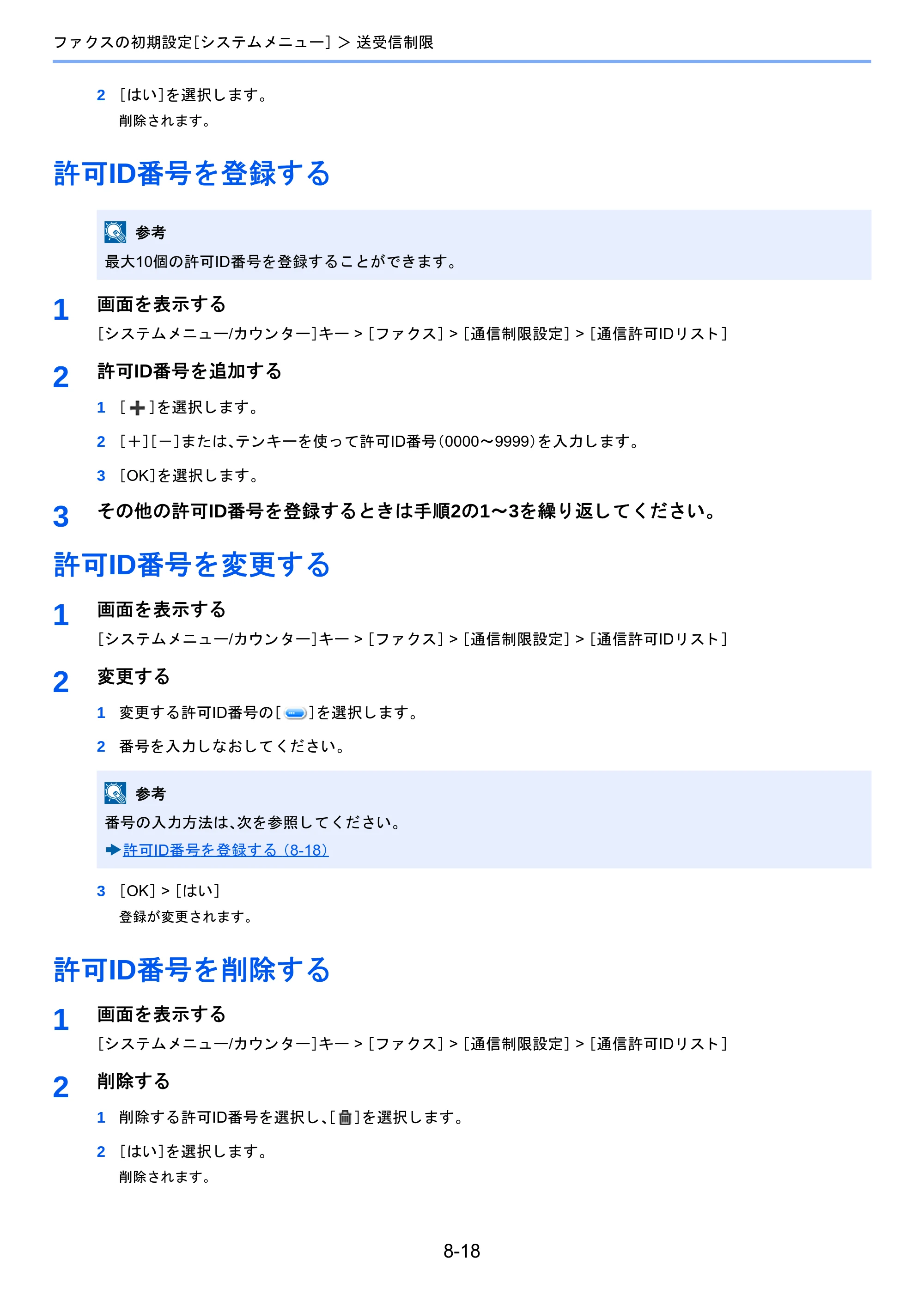 京セラ TASKalfa 2460ci/2460ci+ / TASKalfa 2470ci/2470ci+ / TASKalfa 2510i/2510i+ TASKalfa 2520i/2520i+/2510i/2510i+ FAXSystem13 使用説明書 — 許可ID番号を登録する — 原本ページ — 163ページ
