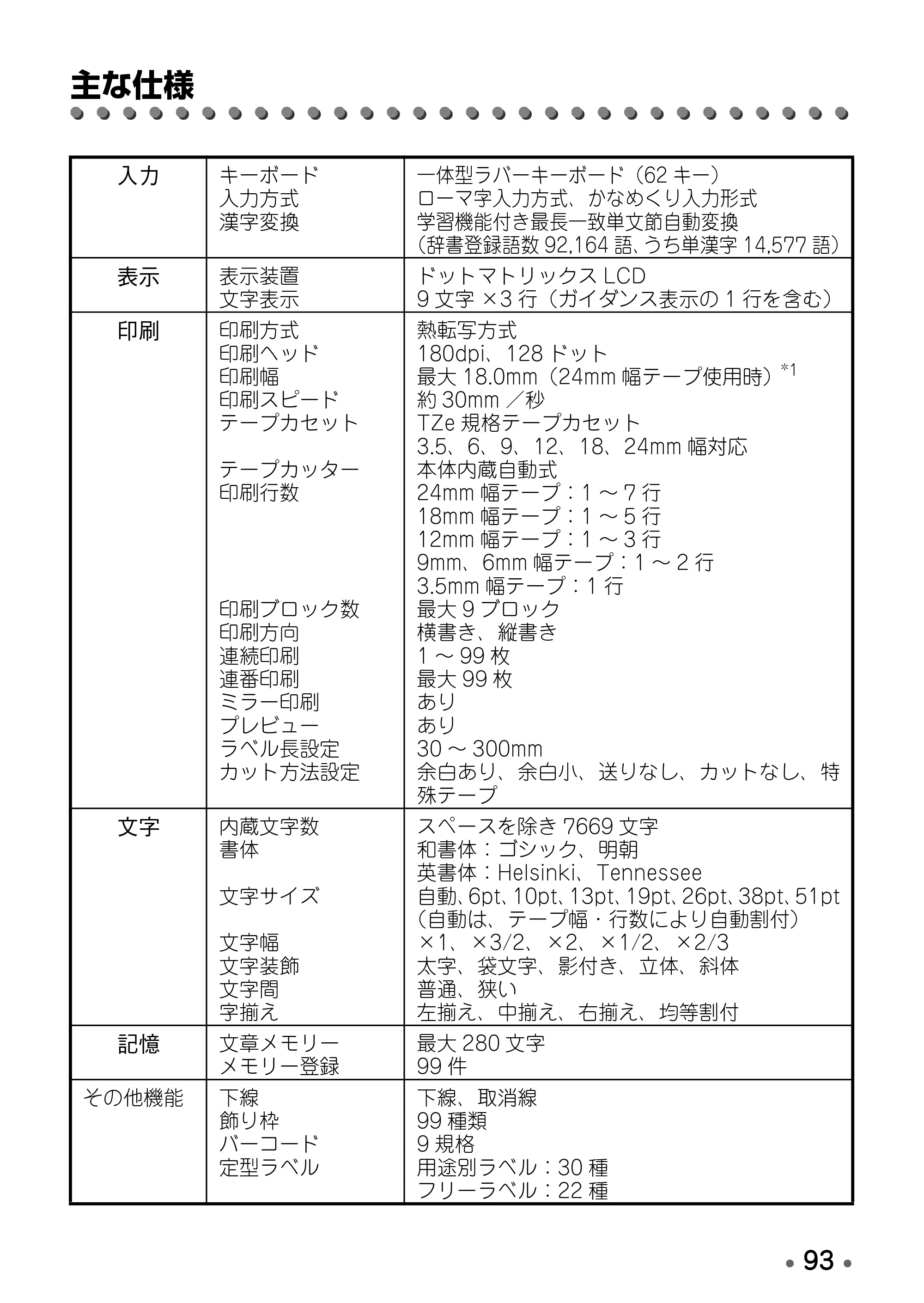 ブラザー PT-D600 取扱説明書 — 主な仕様 — 原本ページ — 95ページ