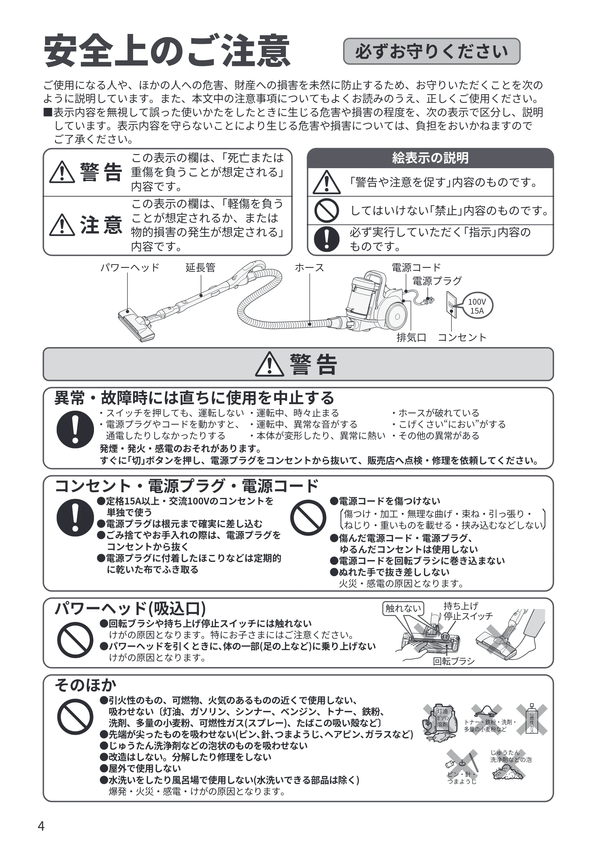 日立 CV-SP300R 取扱説明書 — 安全上のご注意 — 原本ページ — 4ページ