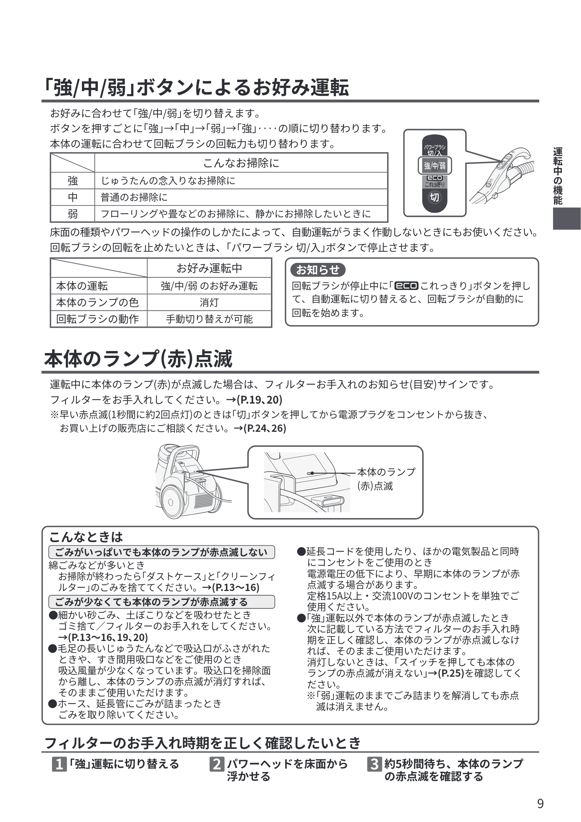 日立 CV-SP300R 取扱説明書 — 「強/中/弱」ボタンによるお好み運転 — 原本ページ — 9ページ