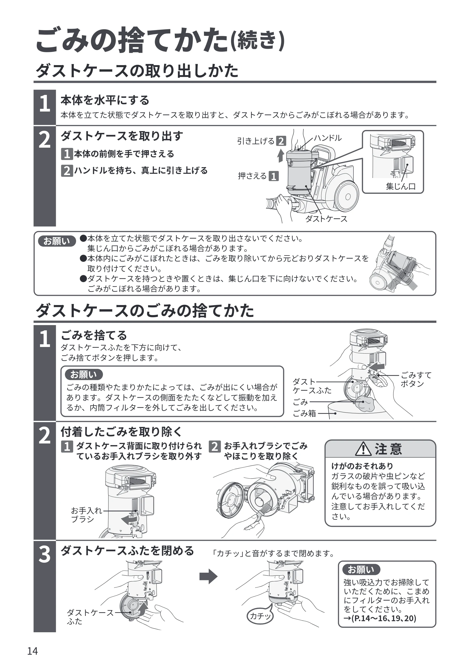 日立 CV-SP300R 取扱説明書 — ごみの捨てかた(続き) — 図版 14-1 — 14ページ
