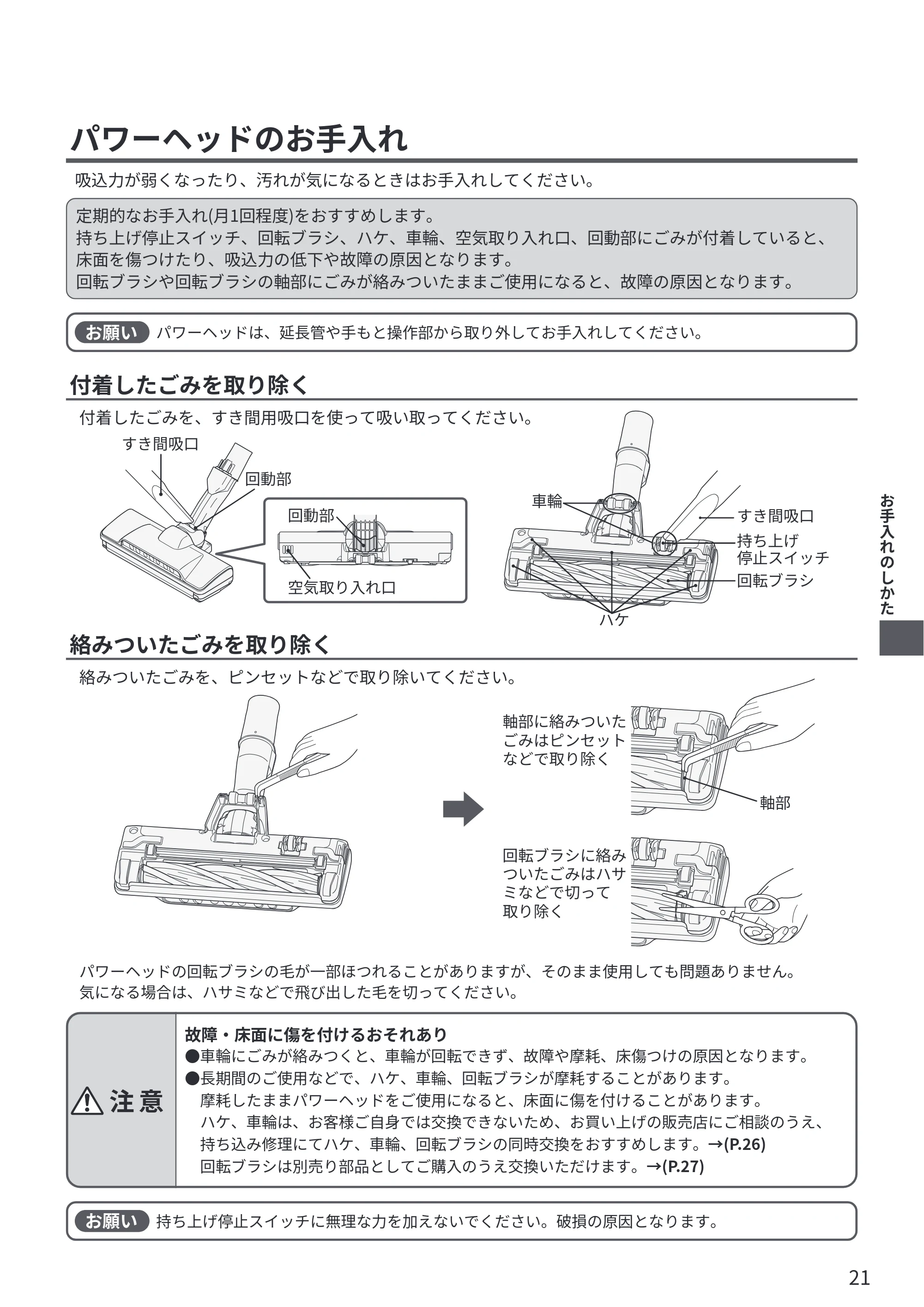 日立 CV-SP300R 取扱説明書 — パワーヘッドのお手入れ — 原本ページ — 21ページ